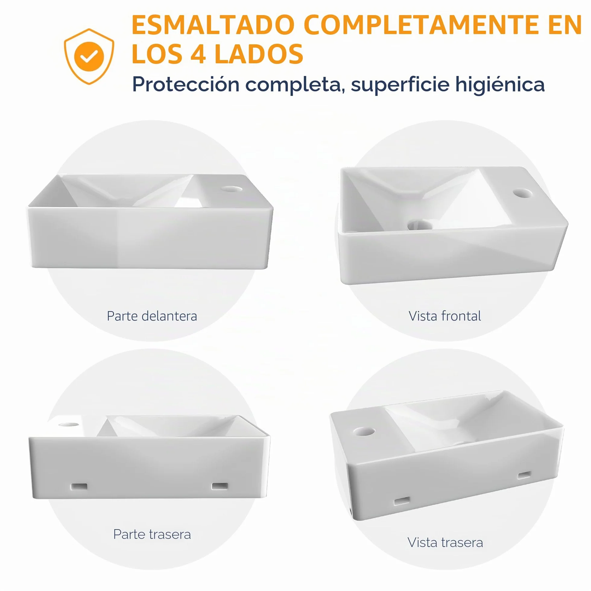 HOGART lavabo pequeño baño 38x22 cm, lavabo cerámica rectangular, lavabo suspendido pared o sobre encimera, con orificio para grifo, sin rebosadero, aseo invitados moderno (38x22cm (L))