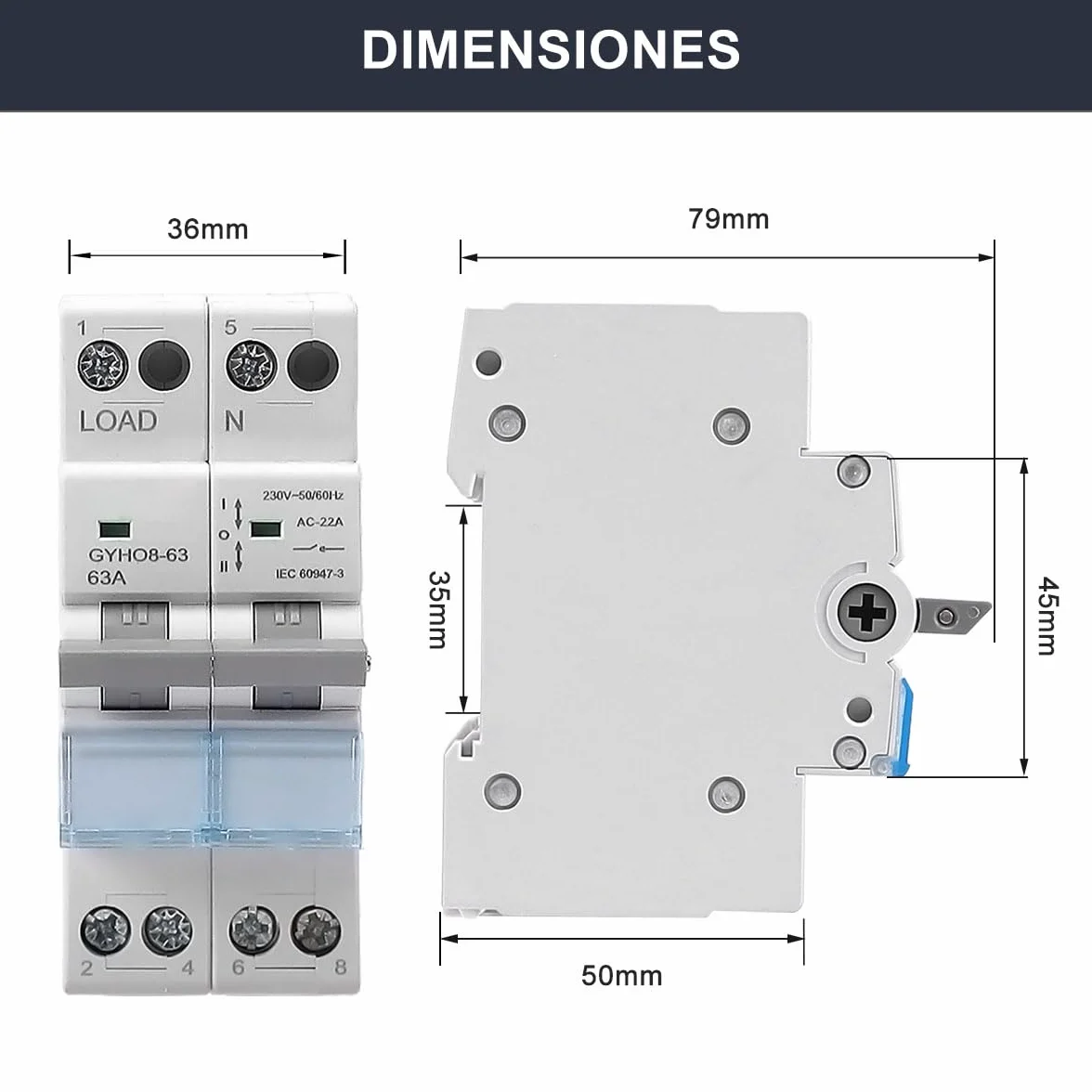 Interruptor de transferencia Manual 63A 2P + 2P MTS AC. Automático Disyuntor Magnetotérmico de Cambio Modular. Conmutador