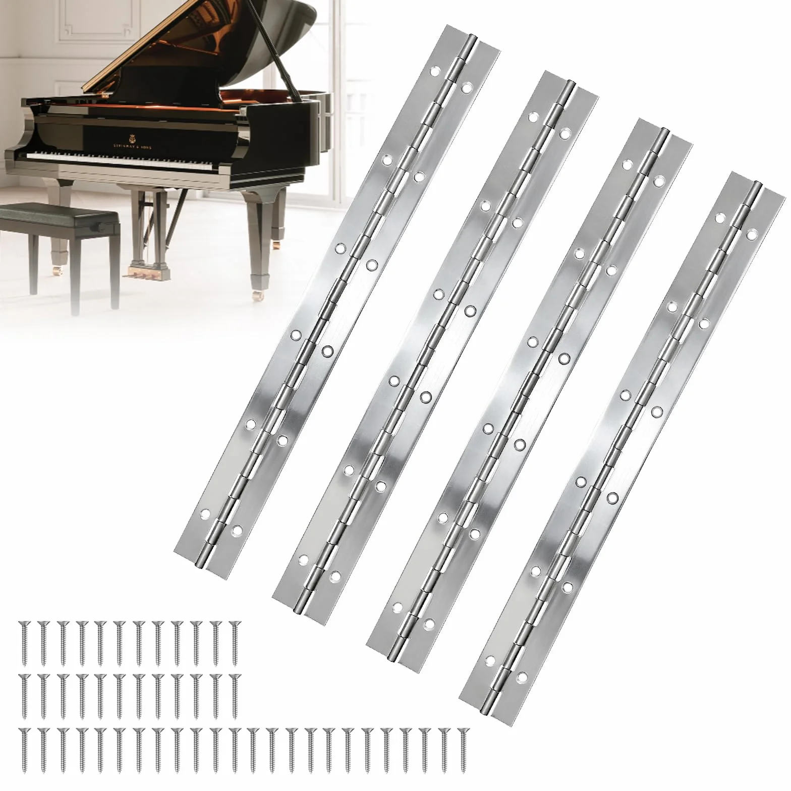 Bisagra de Piano de Acero Inoxidable 4 Piezas Bisagra Plegable con 12 Orificios con 48 Piezas de Muebles de Tornillos para Puertas de Armario, Barcos - 300 x 30 x 1,0 mm