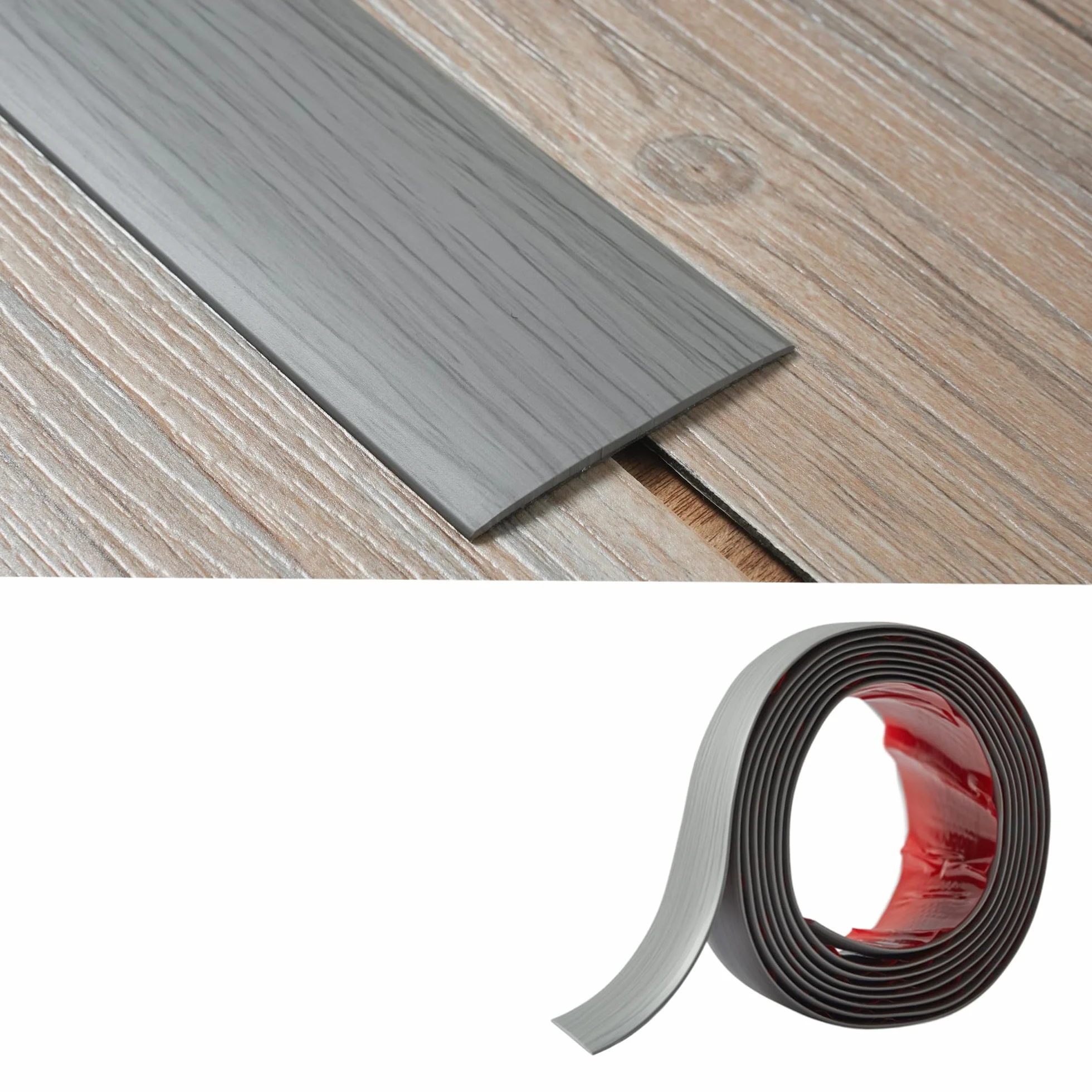 Perfil de transición de suelo plano, autoadhesivo, 2 mm de grosor, 5 cm de ancho, perfil de transición para umbrales de puerta, vinilo laminado, tiras separadoras de suelos, 2 m, grano de madera gris
