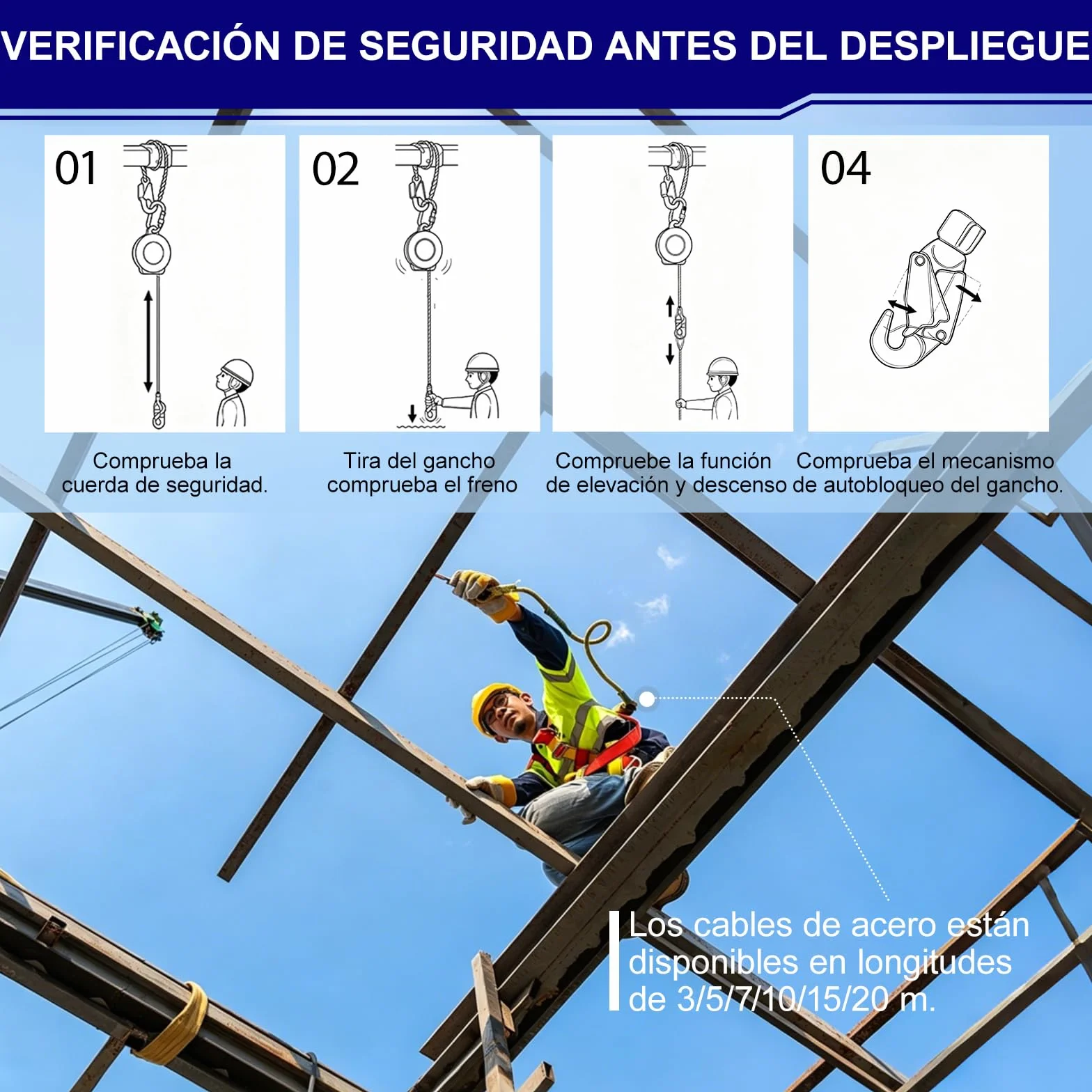 Dispositivo Anticaídas Retráctil 20m con Frenado Instantáneo Cable Antitorsión Gancho Autoblocante