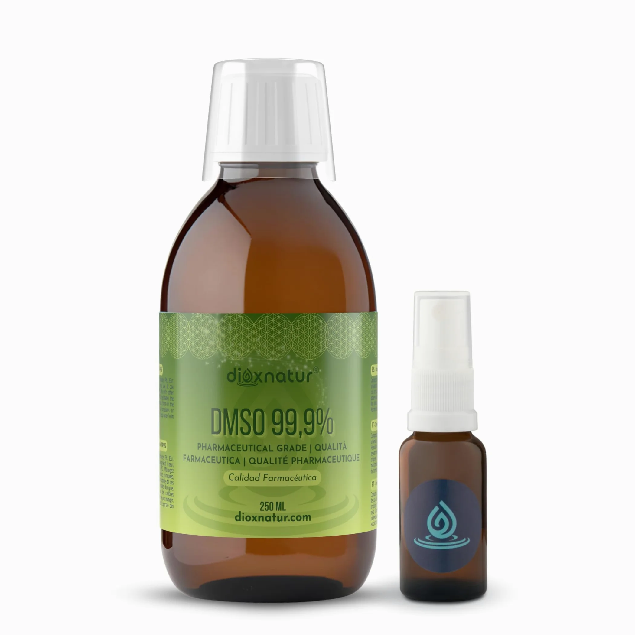 DMSO 99,9% 250ml Dimetilsulfóxido Grado Farmacéutico - Botella + Spray Vaporizador cristal ámbar
