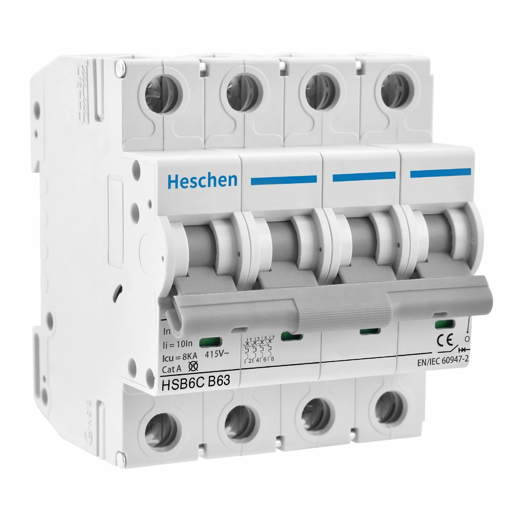 Heschen Disyuntor miniatura HSB6C, corriente de 63 Amp, 4 polos, tipo B, capacidad de rotura de 6kA, montaje en carril DIN