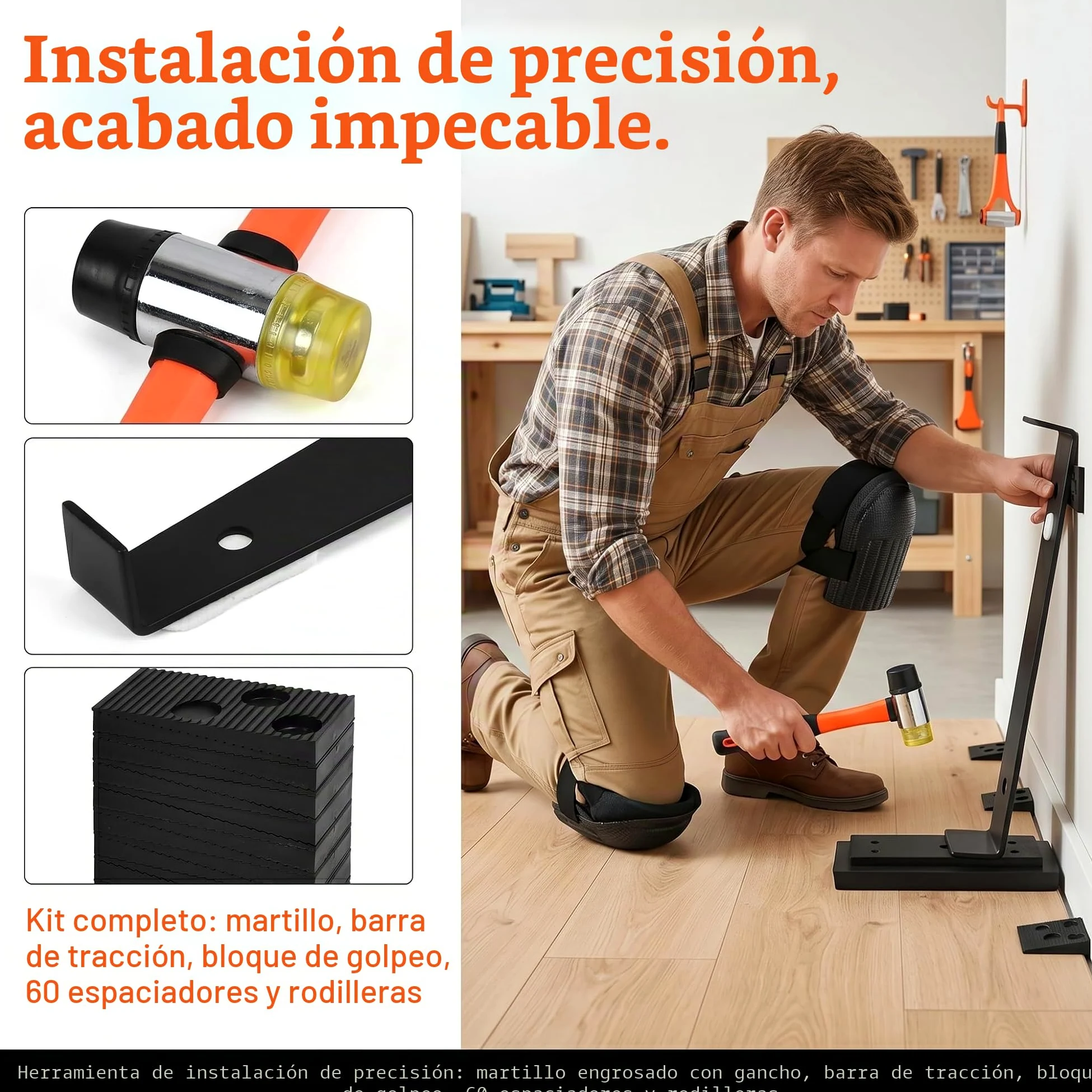 Kit de Instalación de Suelo Laminado, 65 PCS Herramientas para Piso Laminado con Martillo de Goma, Palanca, 60 Cuñas Separadoras, Bloque de Impacto y Rodilleras, Kits Colocación SueloLaminado
