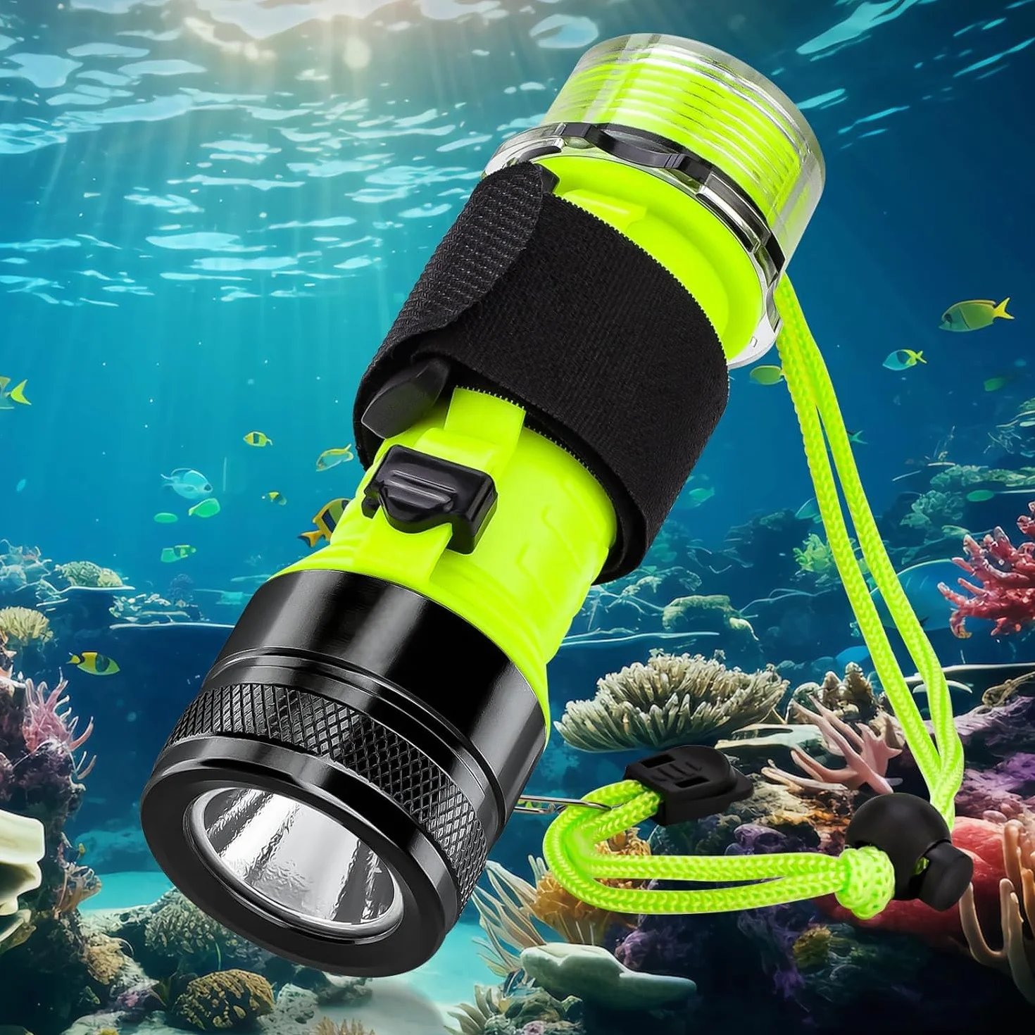 LED Linterna de Buceo, 1500 lúmenes luz LED de Buceo Recargable, IPX8 Impermeable, Sumergible hasta 80 Metros a Prueba de Agua, 3 Modos para Natación, Senderismo de Noche, Pesca, Acampada