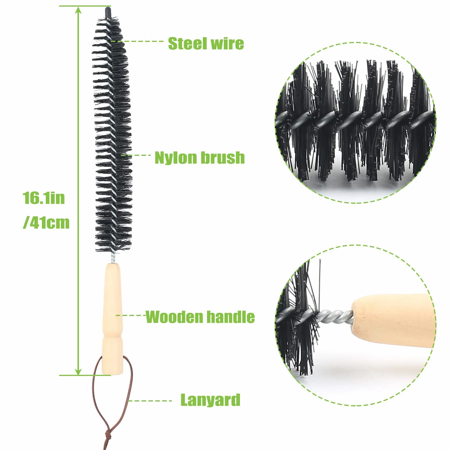 Juego de 24 piezas de varillas de cepillo de chimenea con 18 varillas flexibles de 410 mm + 2 cabezales de cepillo de 150 mm + 1 cepillo largo de madera + accesorios, kit de cepillos de