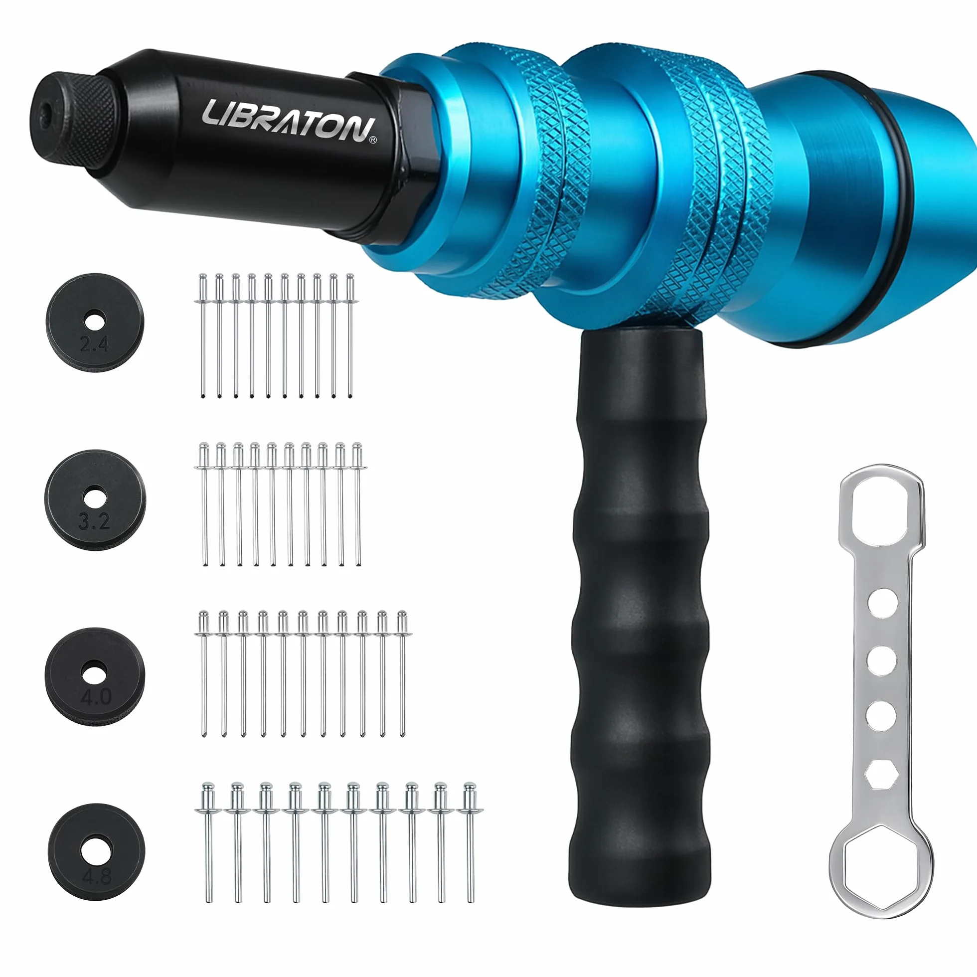 LIBRATON Adaptador de Remachadora para Taladro, Adaptador de Remache para Taladro Eléctrico, Accesorio de Remache para Taladro Inalámbrico, con Asa, Fácil Procesamiento 2,4mm 3,2mm 4,0mm 4,8mm