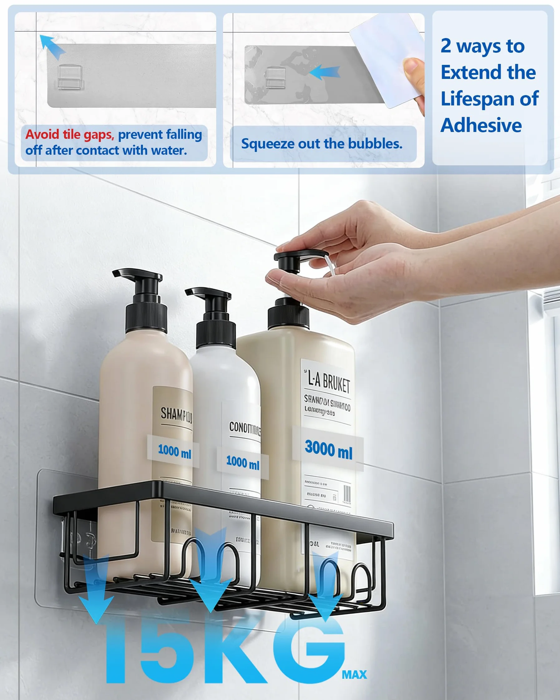 AceMining Estanteria Baño 4 Pack Negro Organizador Pared Adhesivo Estante Ducha Almacenaje con Gancho