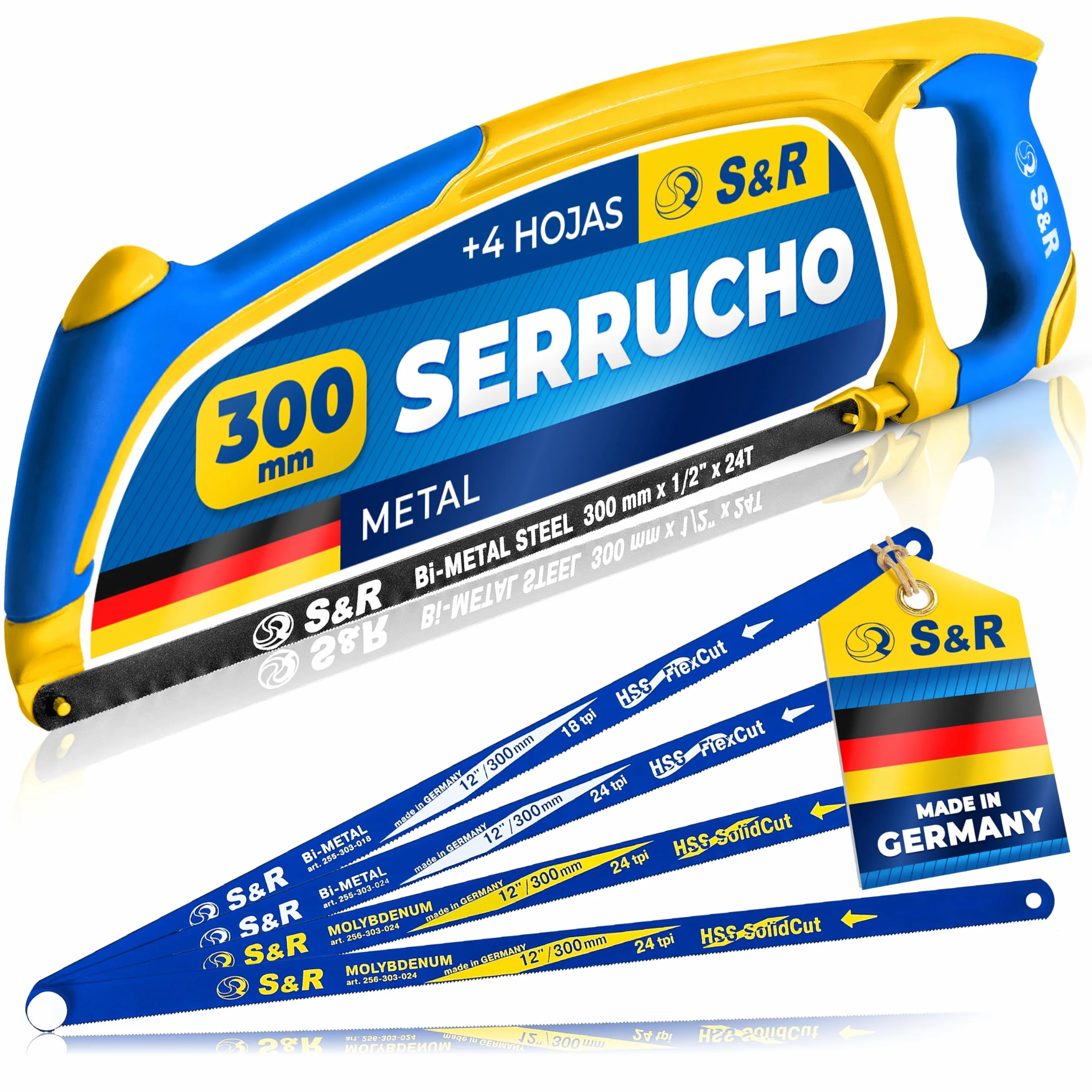 S&R Juego de sierra para metales (300 mm, 5 piezas, con 4 hojas de sierra de alto rendimiento, fabricado en Alemania, sierra de mano, sierra de metal, molibdeno bimetal 18/24 TPI)