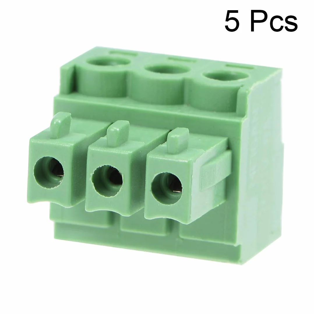 sourcing map 5 Pcs AC300V 8A 3.81mm Paso 3P Ángulo Plano Aguja Asiento De Enchufar Pcb Conector Del Bloque De Terminales Verde
