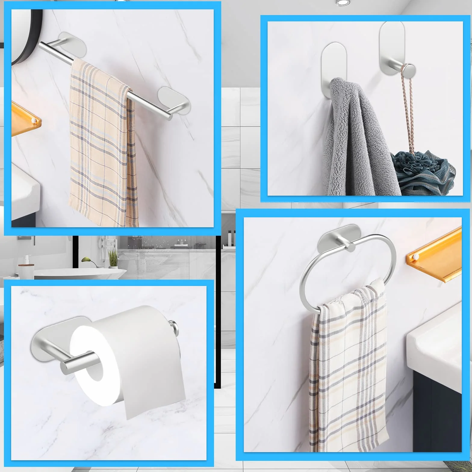 Juego de Accesorios de baño de 5 Piezas - Toalleros de Baño Anillo de Toalla Portarrollos para Papel Higién (Plata)