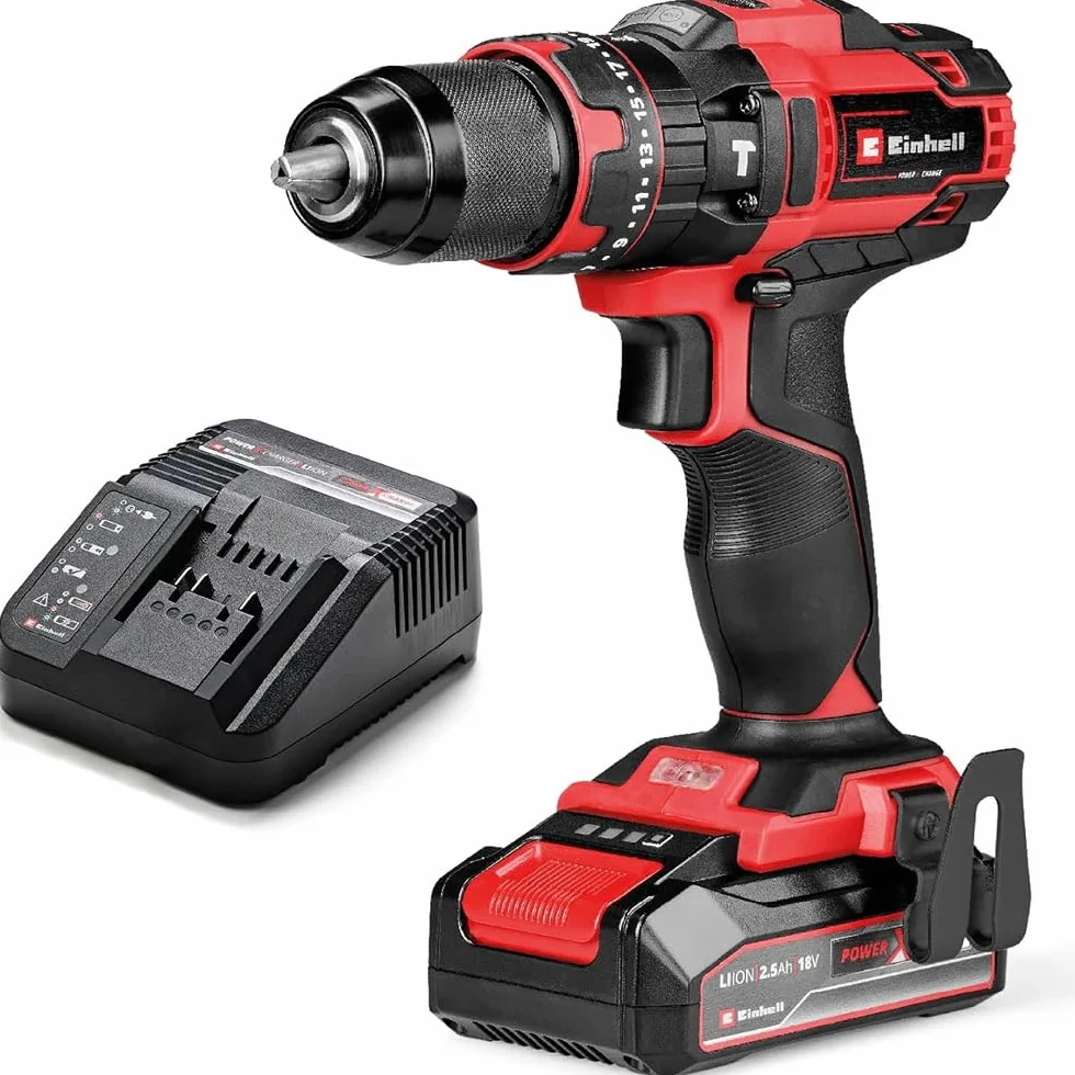 Einhell Taladro percutor con batería TE-CD 18/44 Li-i Power X-Change (18V, 44 Nm, función de perforación por percusión, portabrocas metálico de 13 mm, 2 velocidades, incl. batería de 2,5 Ah y batería)