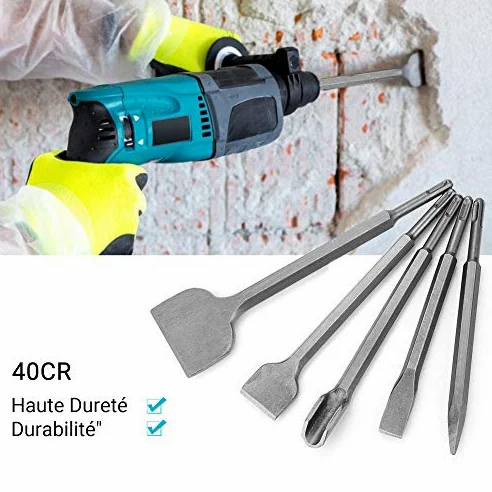 Brocas de Cincel SDS Plus, Juego de cincel de martillo eléctrico Rotarys, Juego de Brocas de 5 Piezas, Juego de Cincel para Romper o Perforar en la Pared de Piedra de Hormigón