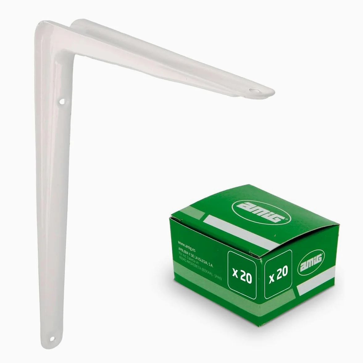 Amig - Pack Soportes para Estantería de Pared - 20 piezas - Escuadras en Acero - 250X200 mm - Color Blanco - Ángulo para Estantes - Soporte para Baldas - Fácil instalación