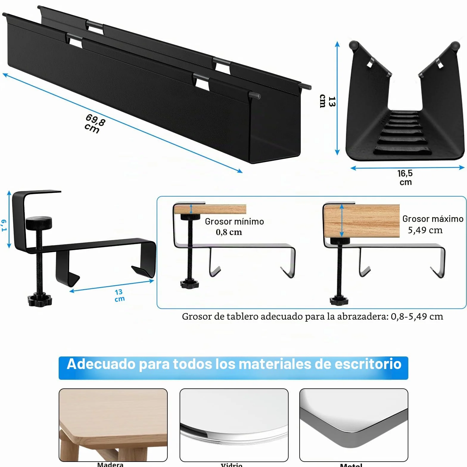 Bandeja Cables Escritorio, Acabado Flexible De La Mesa De GestióN De Cables Sin PerforacióN De 70cm, InstalacióN De Pinzas Sin PerforacióN, Impermeable Estable, Adecuada Para Oficinas Y Hogares