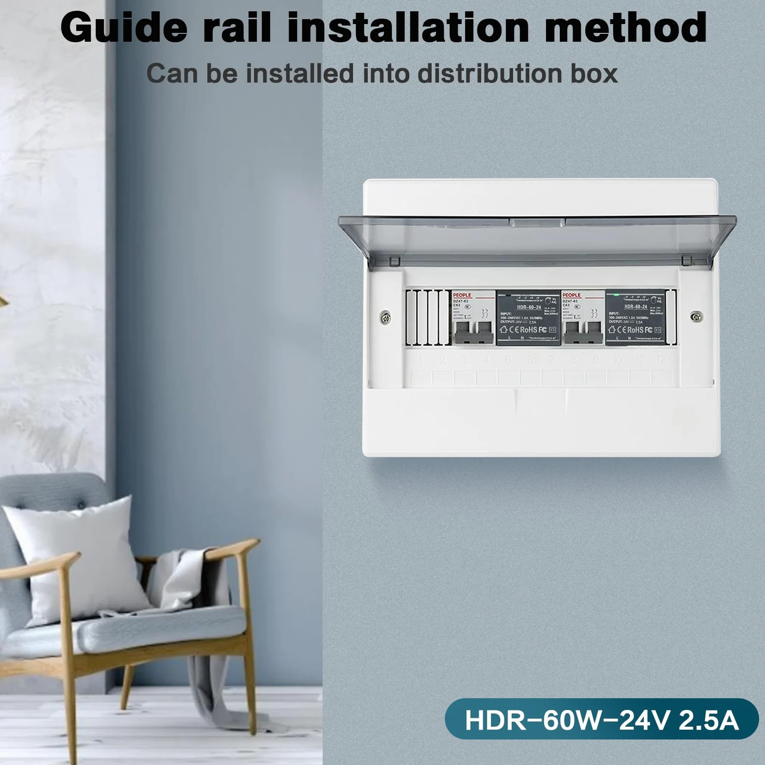 DEWIN Fuente de Alimentación Conmutada 24v, HDR-60W Fuente de Alimentación Conmutada de Transformador de Riel DIN para Equipos de Automatización Industrial (Color : DC 24V 2.5A)