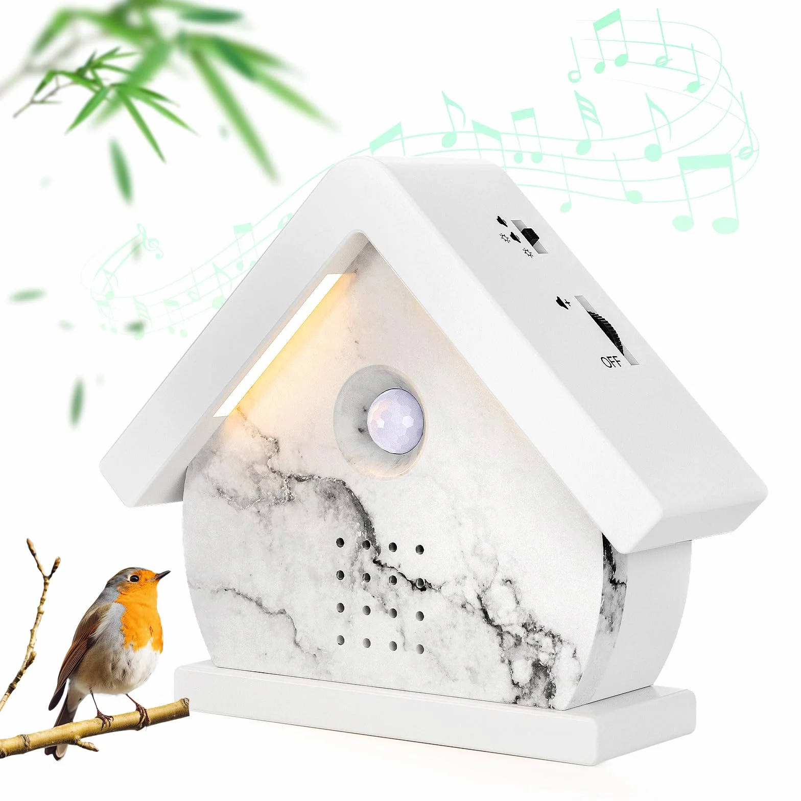 Caja de Pájaros Cantores con Sensor de Movimiento, Luces LED, Temporizador y 12 Canciones Relajantes. Caja de Pájaros Portátil con Sonido Relajante para Baño y Hogar, Adultos (White and Black)