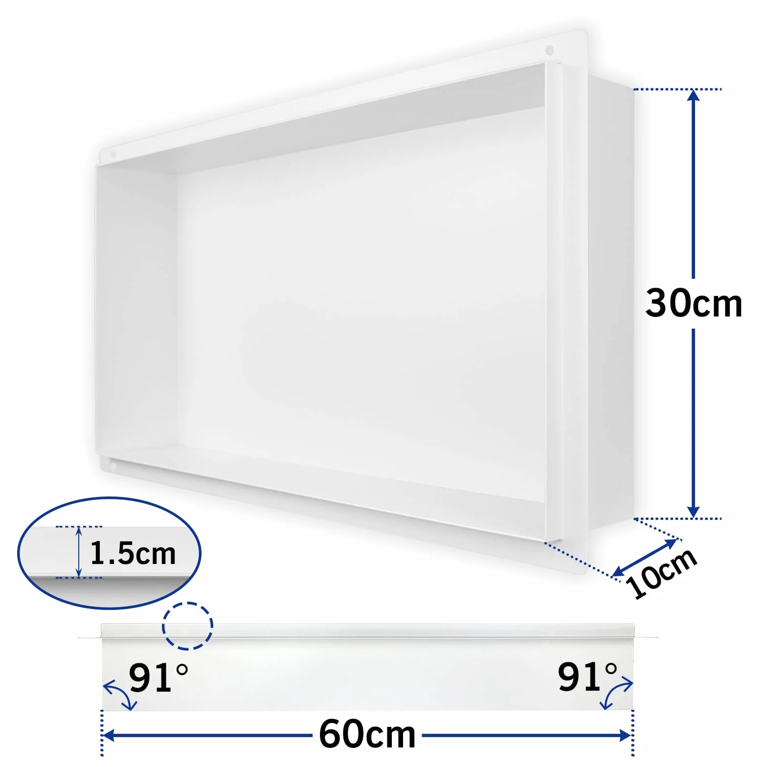 Nicho de ducha de acero inoxidable blanco 60x30x10 cm empotrada sin bordes montaje al ras