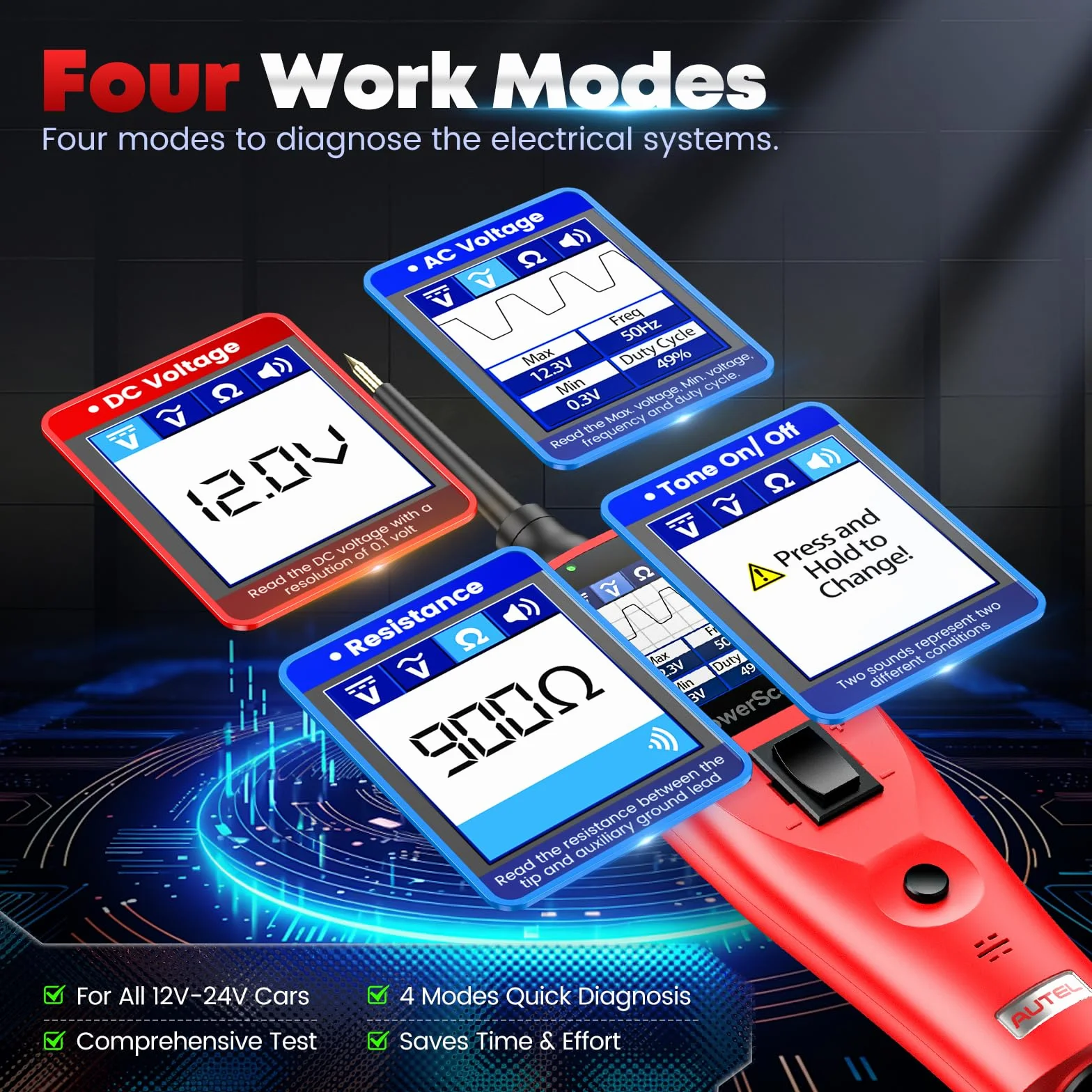 2026 Autel PowerScan PS100 Probador Circuito Auto, Herramienta Sonda Circuito Eléctrico, Detector Cortocircuito Disyuntore Abierto 12-24V, Resistencia Corriente CA/CC, Cable Extensión 6M para 99% Auto