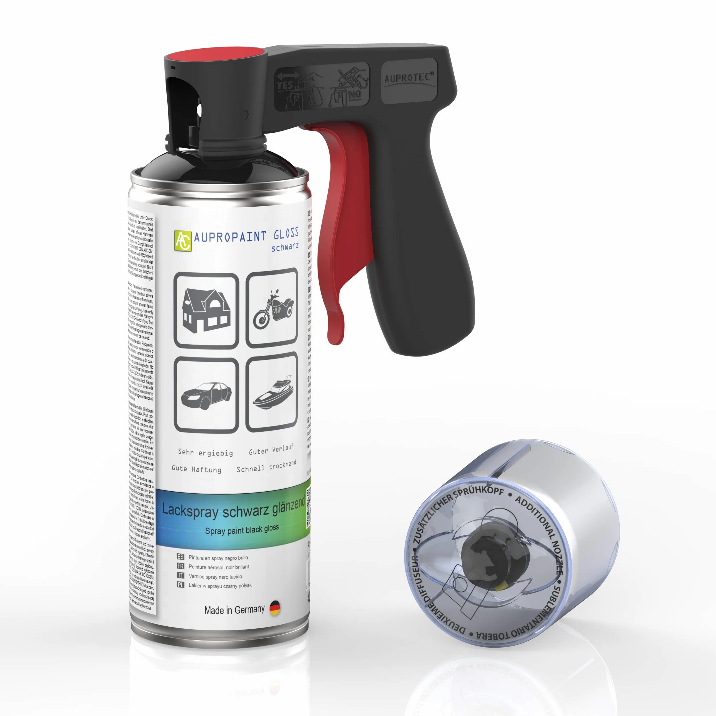 Aupropaint Gloss - Spray de pintura en aerosol para coche, 3 x 400 ml + 1 mango de pistola original