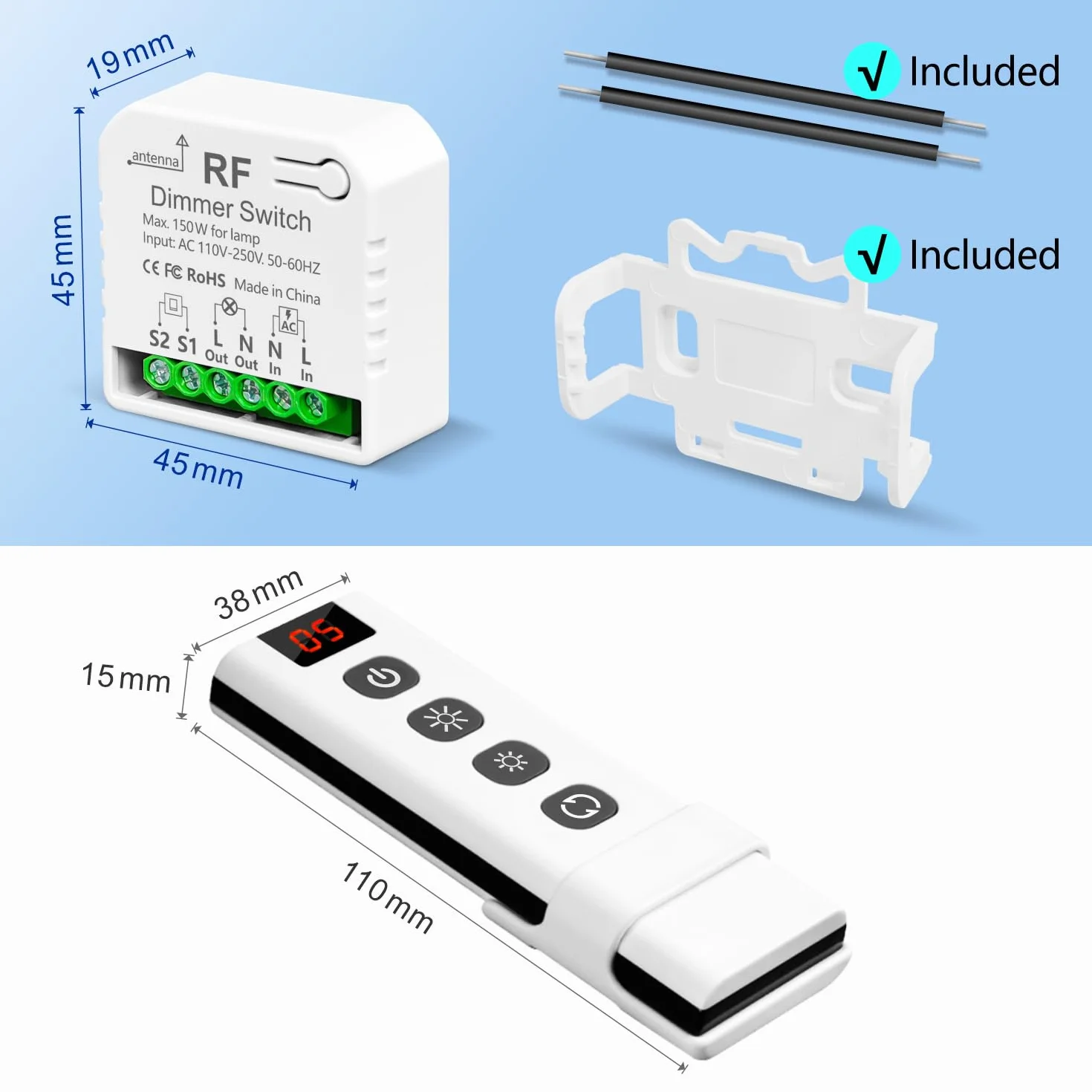 Interruptor De Luz Atenuador Inalambrico Con Controles Remotos, Tedeligo AC220V Control De Interruptor Regulable Para 10-150W LED Y Halógeno, Compatible Con Interruptores Atenuación (No necesita WIFI)