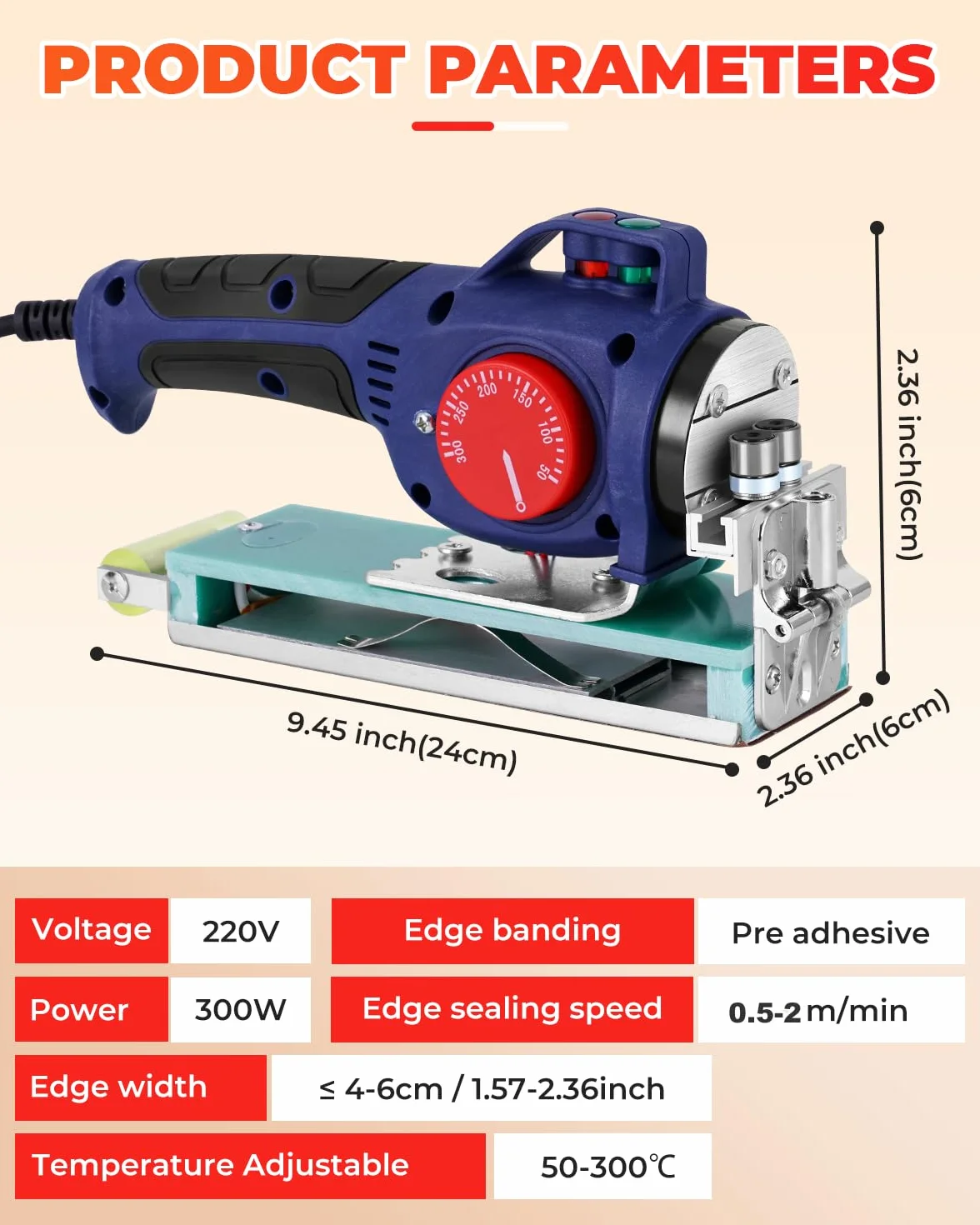 YUCHENGTECH Encoladora de Cantos Manual Portátil 50-300℃ Temperatura Ajustable para 0-60 mm Cinta Tapacantos Adhesiva Termofusible