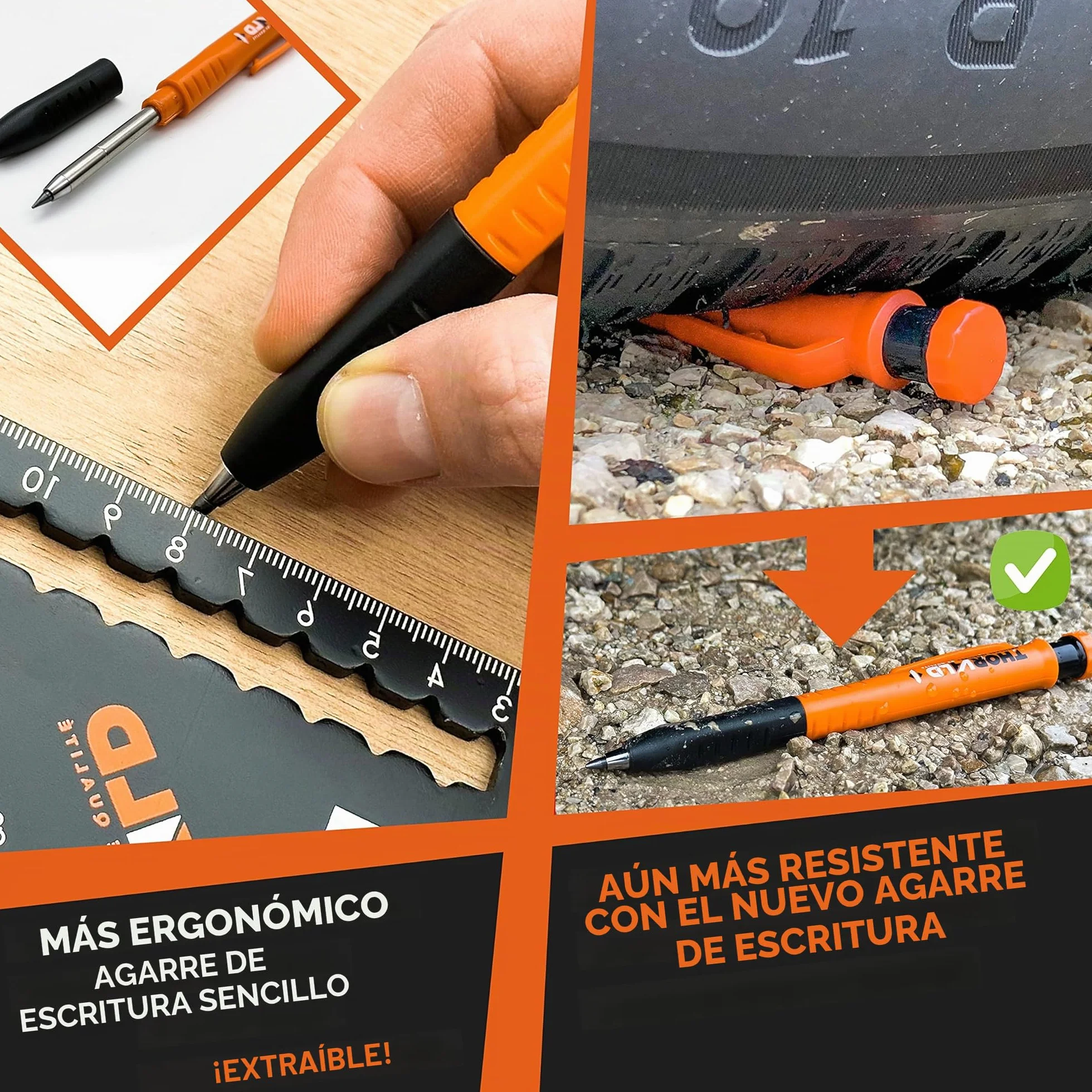 THORVALD 2 PRO Lápiz de construcción extensible [+ 38 MINE de soporte múltiple + Tamaño de mina + Agarre fácil de escribir] Portaminas para carpintero DIY Dibujo Trazado Madera aceitosa Metal Concret
