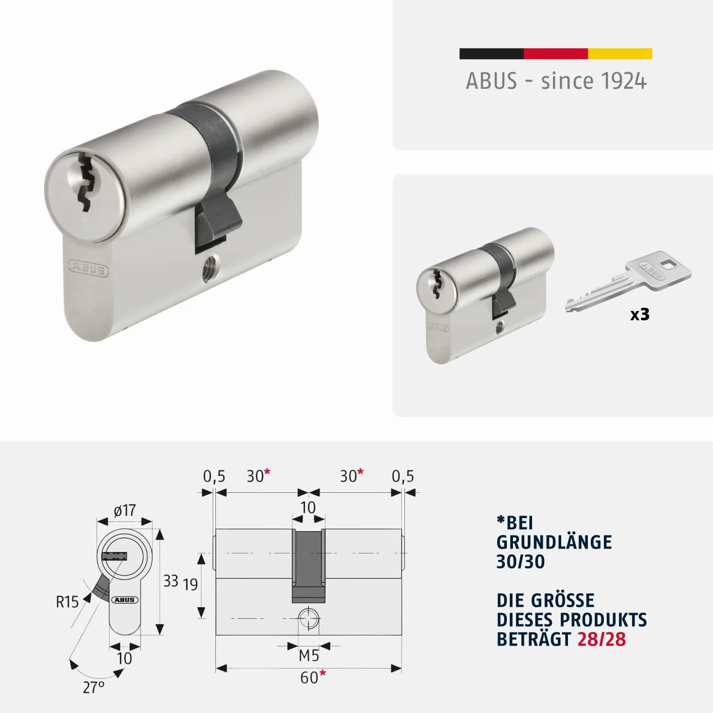 ABUS Cilindro de perfil E20NP 28/28 - cerradura para puertas de casas y viviendas, incluye 3 llaves - nivel de seguridad ABUS 5