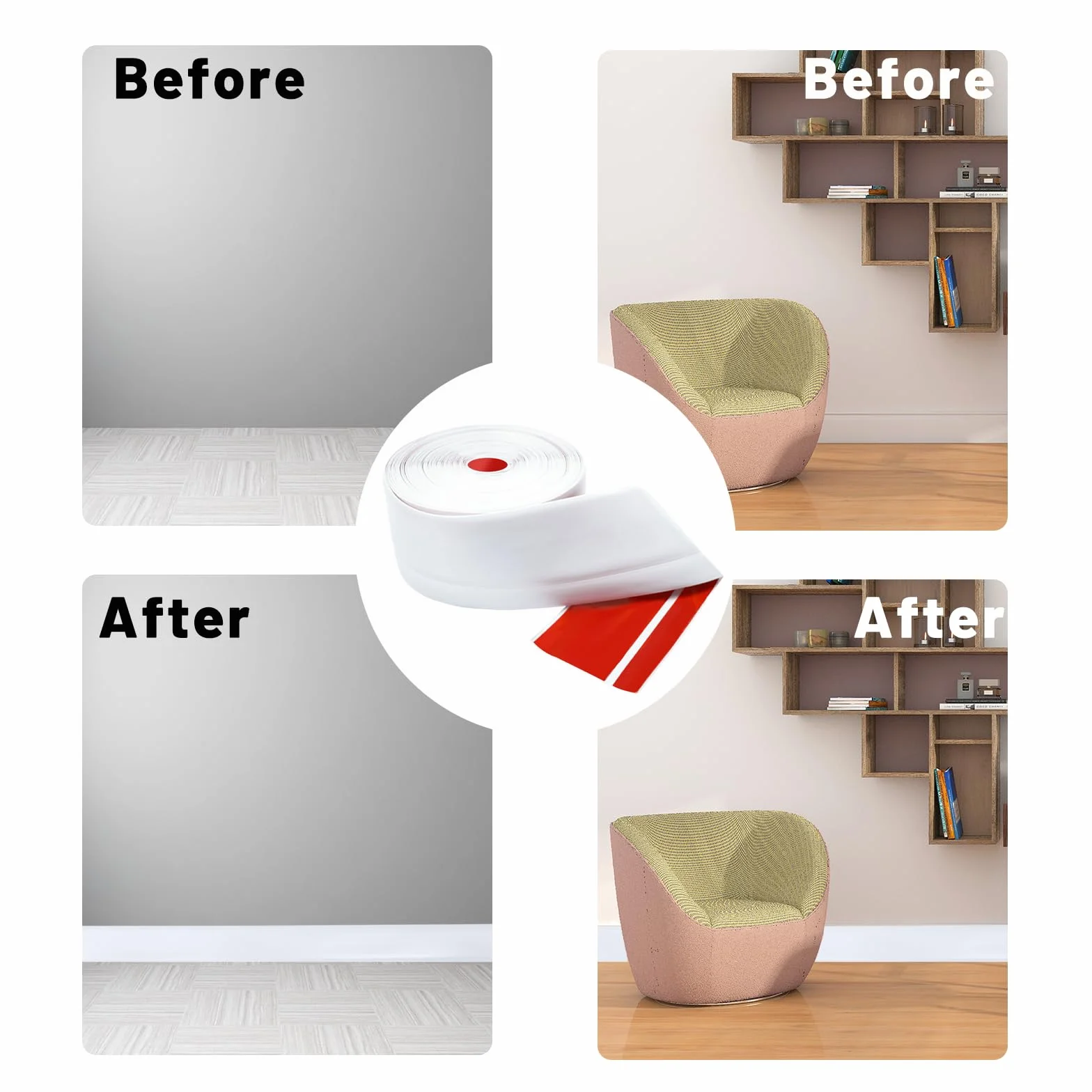 Rodapiés Flexible Autoadhesivo 50x20mmx12M PVC Adhesivo, Zócalo Cocina Baño Blanco