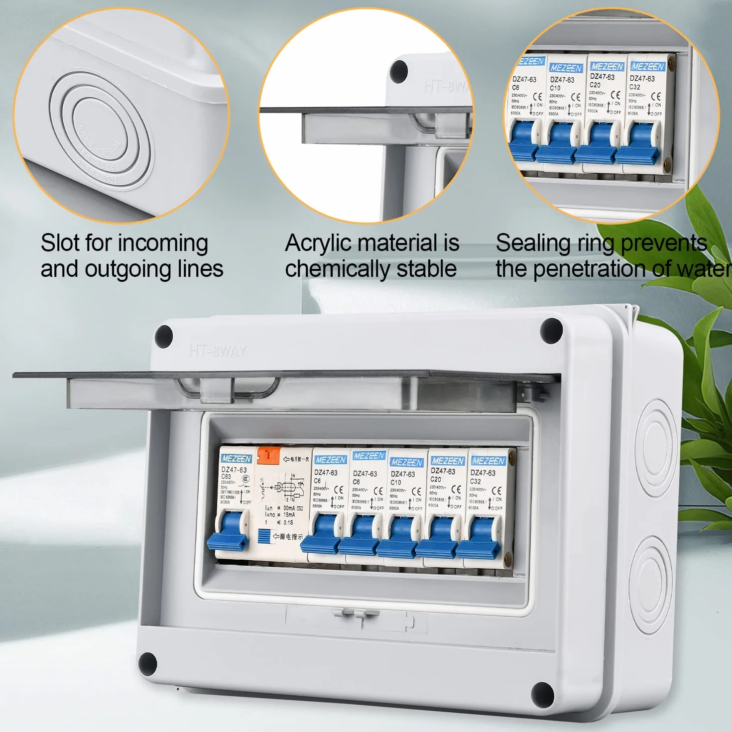 Caja Eléctrica Impermeable IP65, con Interruptor Neumático de 5 Vías 2x6A+1x10A+1x20A+1x32A, Viene con Anillos de Goma y Tornillos, 63A Exterior Cuadro Electrico, para Interior y Exterior