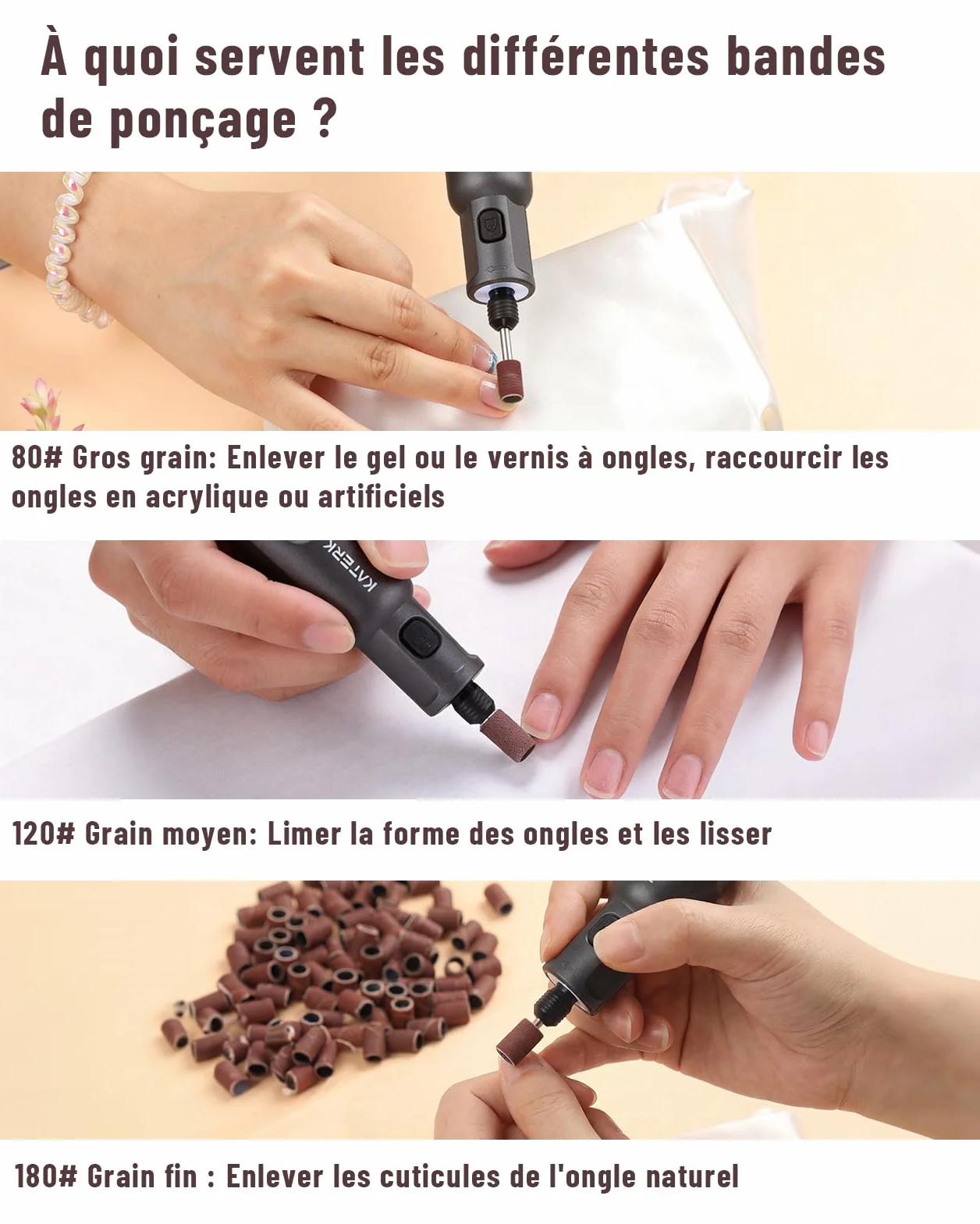 Katerk 150 Piezas Tambores de Lijado, Manguitos de Lijado Mini de 8 mm con Bandas de Lijado de Grano 80/120/180, Compatible con Limadoras de Uñas para Perros y Herramientas Rotativas