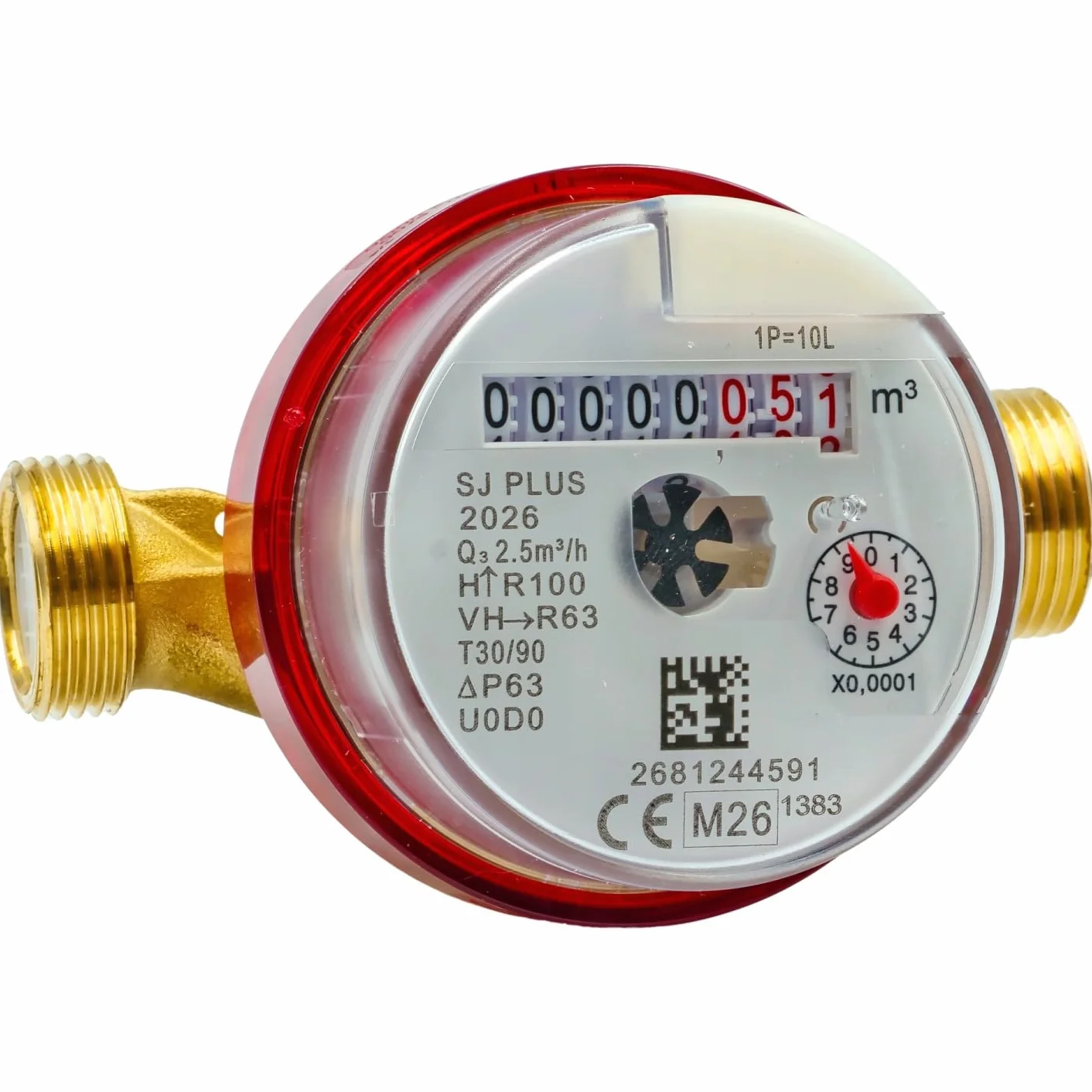 Contador de agua caliente DN15 1/2 pulgada de chorro único, Q3 2,5 m³/h, longitud 110 mm, rosca 3/4 pulgada, antimagnético, conforme MID, marcado M26 (2026)