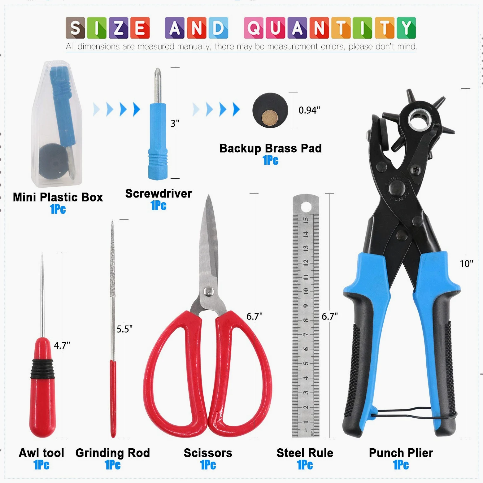 Glarks - Kit con alicates ajustables para perforación delcuero, remaches, tijeras, regla, destornillador y punzón para cinturón, correas de reloj, sillín, zapatos
