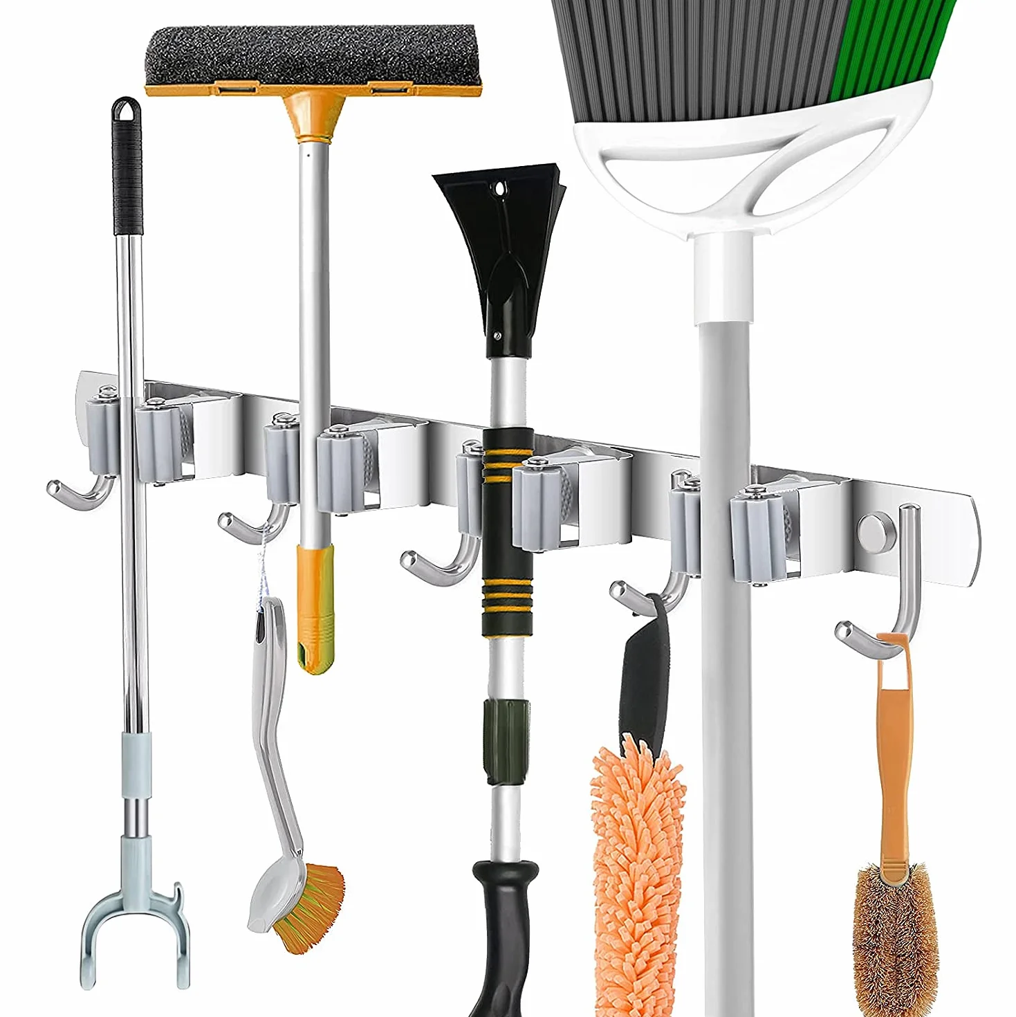 Colgador y Organizador, Acero Inoxidable Organizador Soporte de Escobas y Fregonas para Hogar, Cocina, Garajes (4 Posiciones y 5 Ganchos)