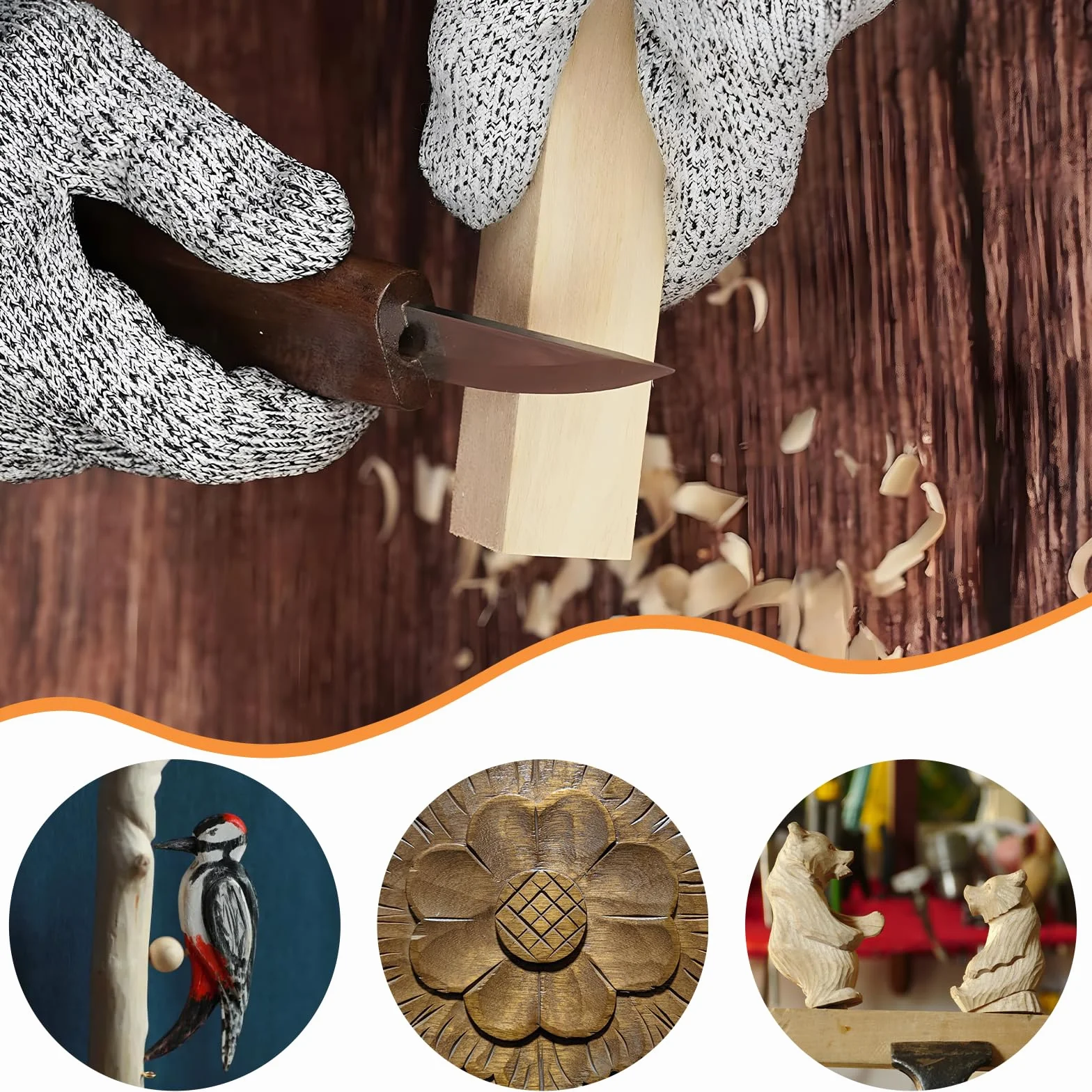 DBREAKS 24 Piezas Tallar Madera Gubias, Kit de Herramientas para Tallar Madera, con Guantes Anticorte, Madera para Tallar, Para Principiantes Y Profesionales