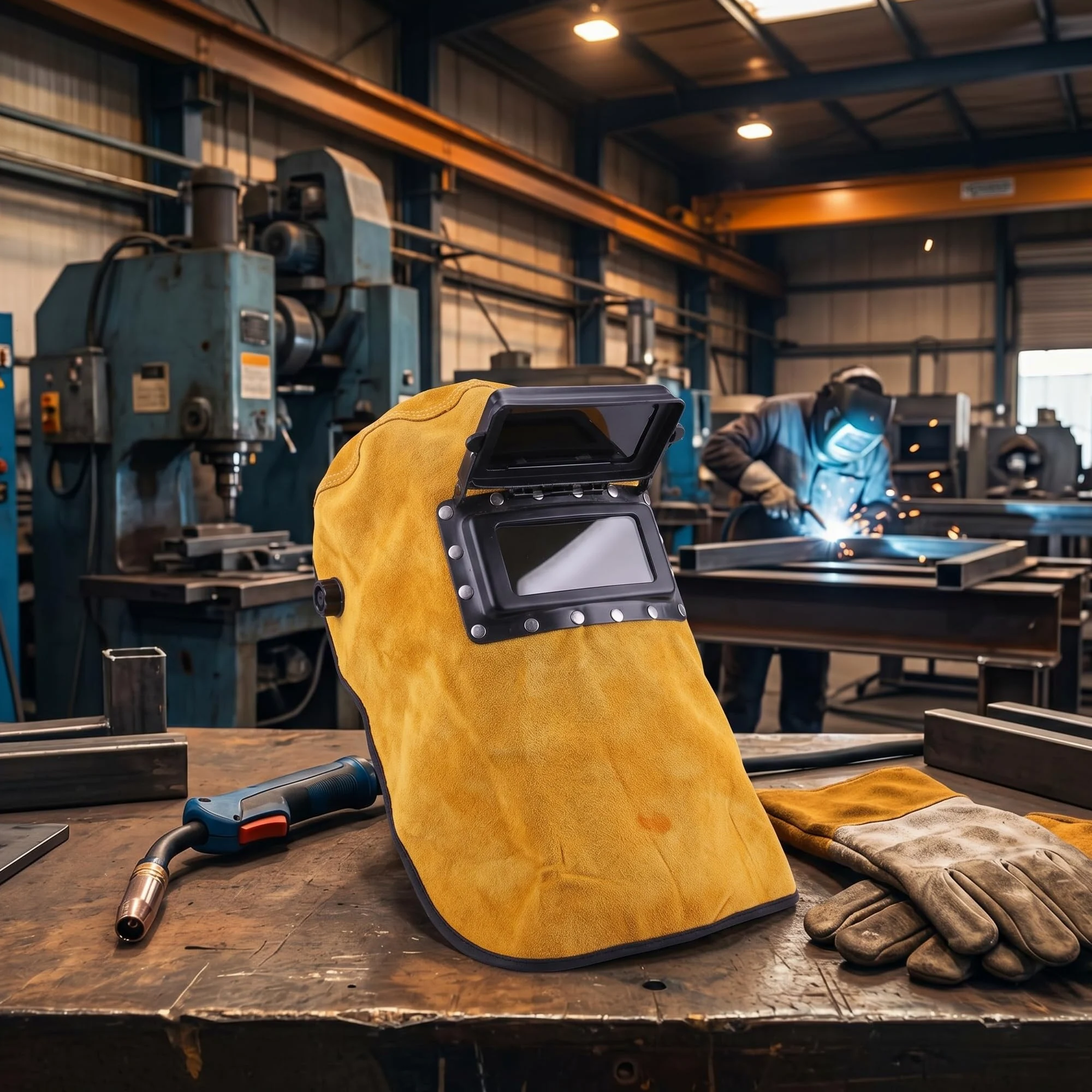 Máscara de Soldadura Soldadora de Cuero Casco Soldadora Durable Buena Calidad Resistente al Calor Máscara de Protección Transpirable con Lente