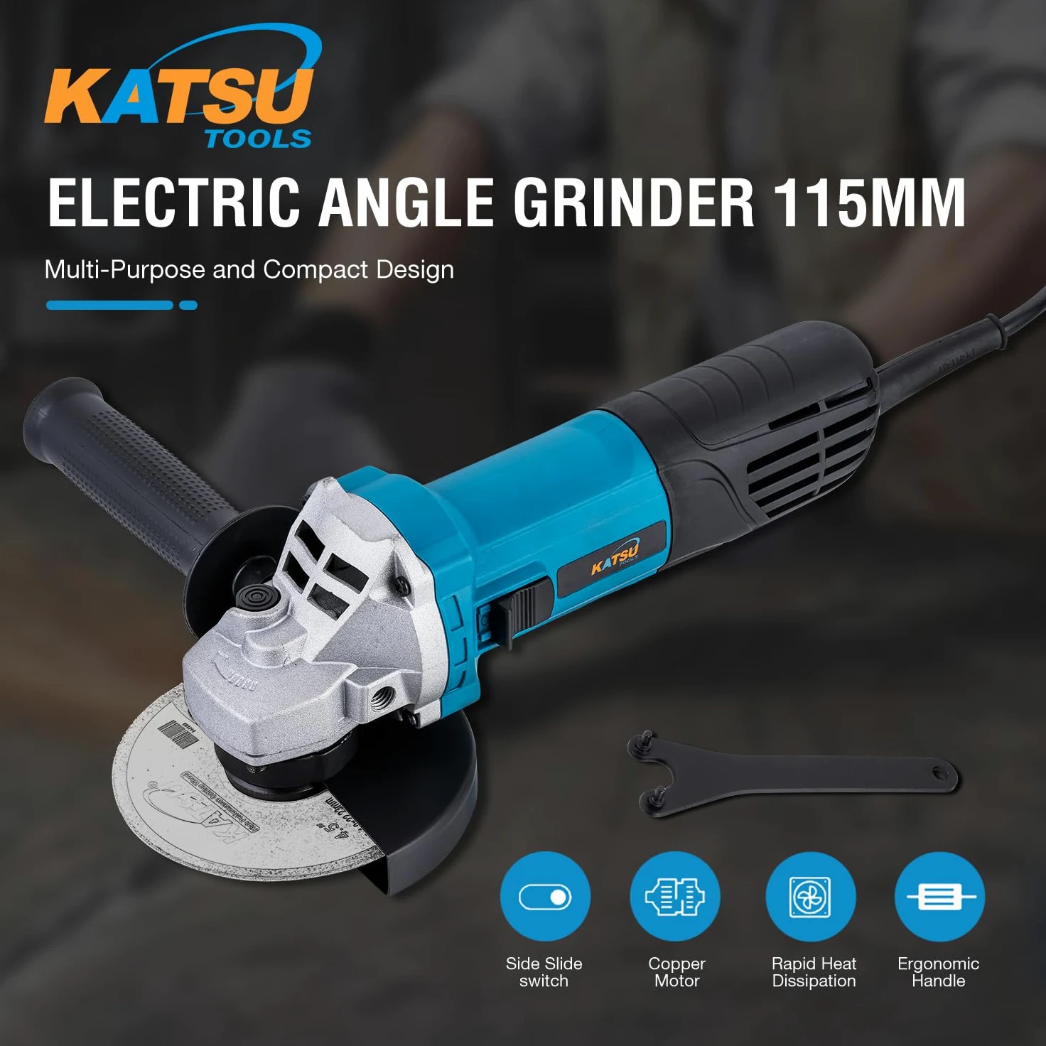 KATSU Tools Amoladora angular eléctrica 115 mm 720 W para mampostería, hormigón, azulejos, metal, acero, pulido (presupuesto) 101676