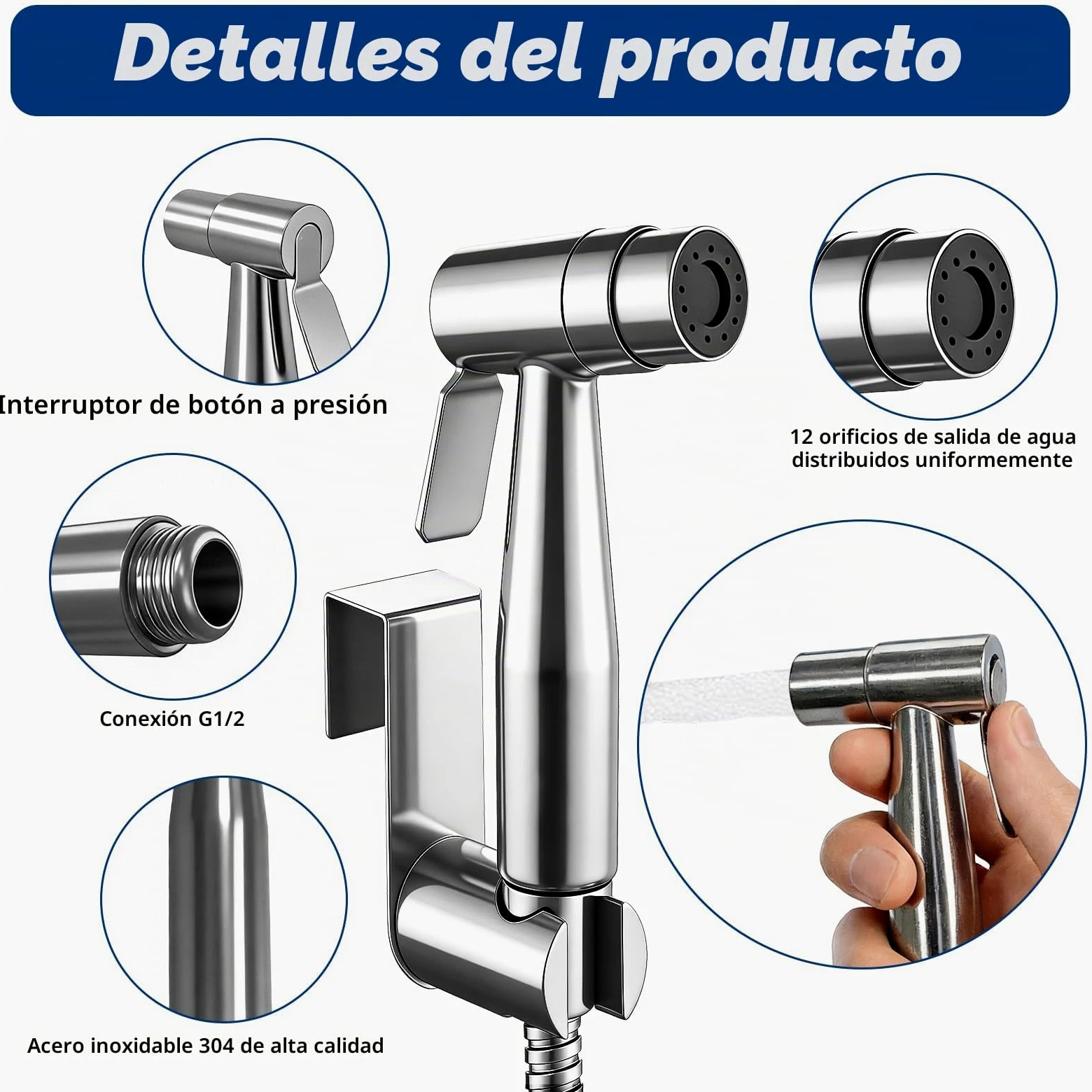 Set de Ducha Bidé de Mano, Pulverizador de Bidé de Mano con Válvula en T G1/2" y Adaptador de Inodoro G3/8", Manguera de 150 cm, Cabezal de Ducha para Pañales y Baño de Mascotas