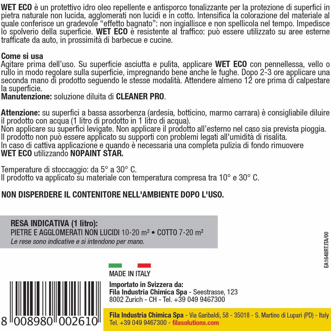 FILA Surface Care Solutions Wet Eco Protector Tonalizante de efecto húmedo a base de agua para cocinar, piedra natural y aglomerados no brillantes, 1 L