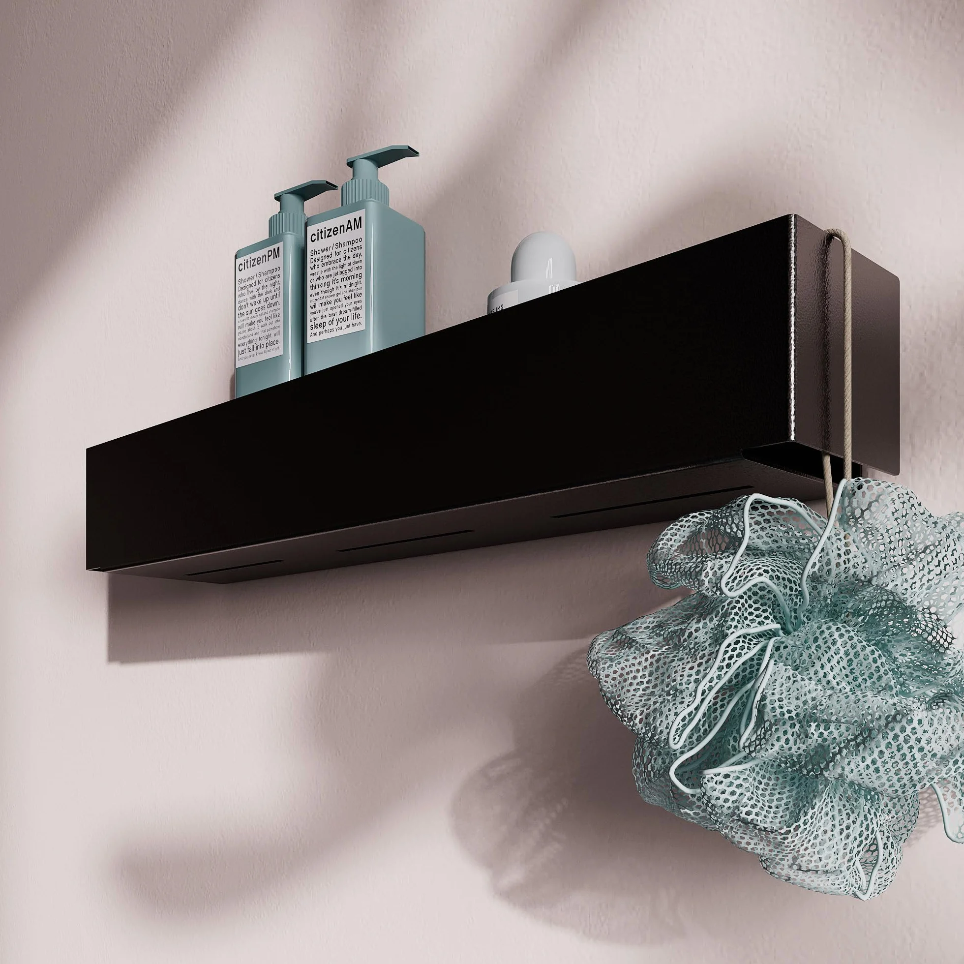 Estantería de ducha negra 50x10x8 cm Estante baño pared sin taladro metal recubrimiento polvo minimalista