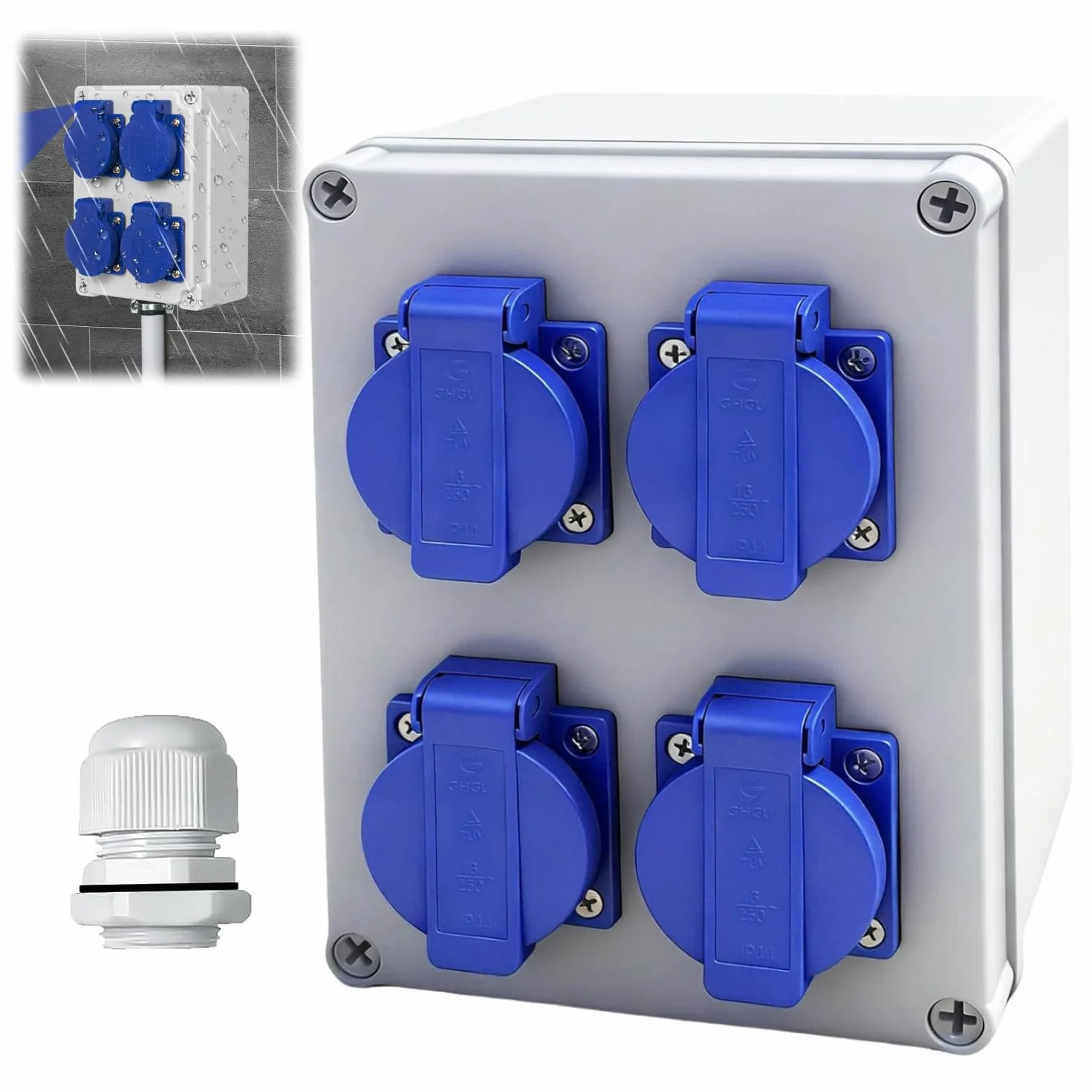 Distribuidor de pared para obras de construcción16 A, distribuidor de corriente precableado con 4 enchufes de 230 V, enchufe Schuko IP44 resistente al agua 4 enchufes para obras hogares