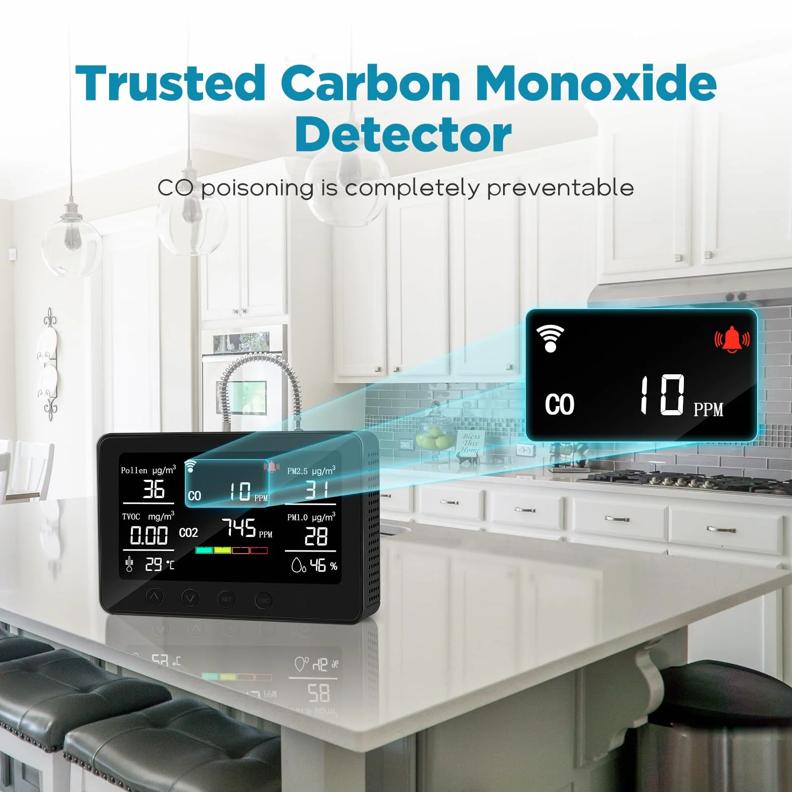 CF-30 Monitor de calidad del aire para interiores para polen, CO2, PM2.5, PM1.0, TVOC, temperatura, humedad, contaminación del aire con pantalla LCD grande, APP para configuración e historial