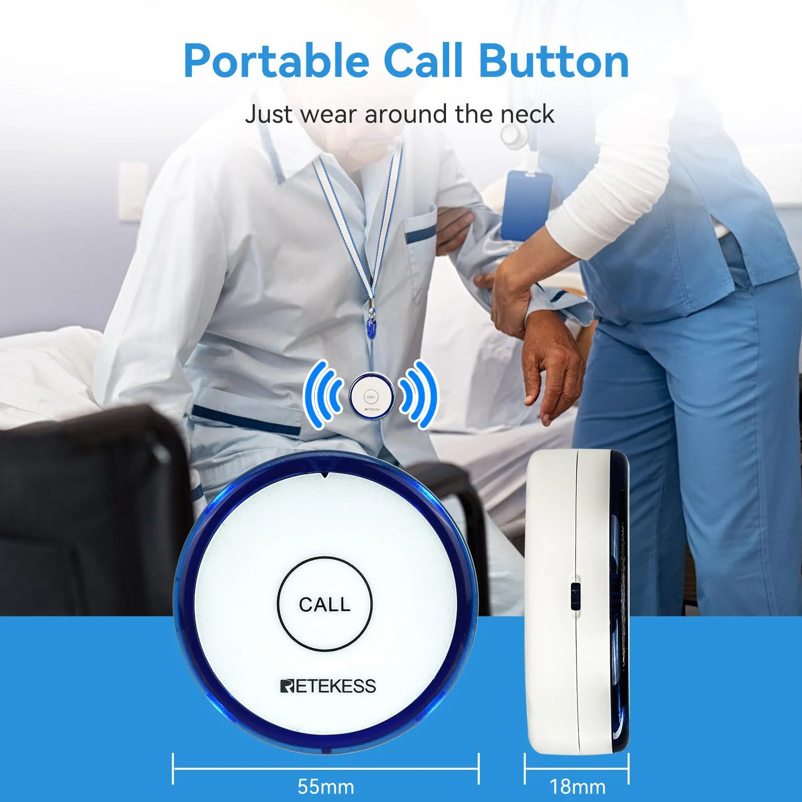 Retekess TH012 Botón de Llamada SOS Inteligente WiFi, Buscapersonas para Cuidadores, 2 Meses de Tiempo de Espera,1 Botón de Llamada para Personas Mayores, Pacientes Discapacitados