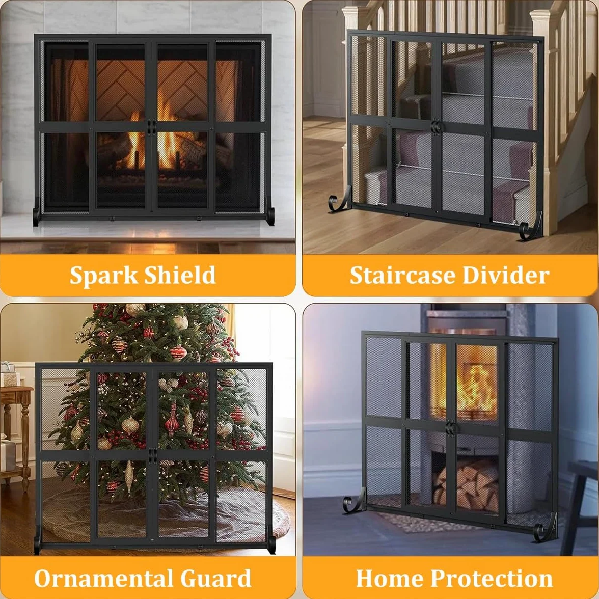 Salvachispas Chimenea con Puertas Correderas De Hierro Forjado Artesanal - Protector Chimenea para Leña. Seguridad para Niños Y Mascotas En El Salón Y Hogar