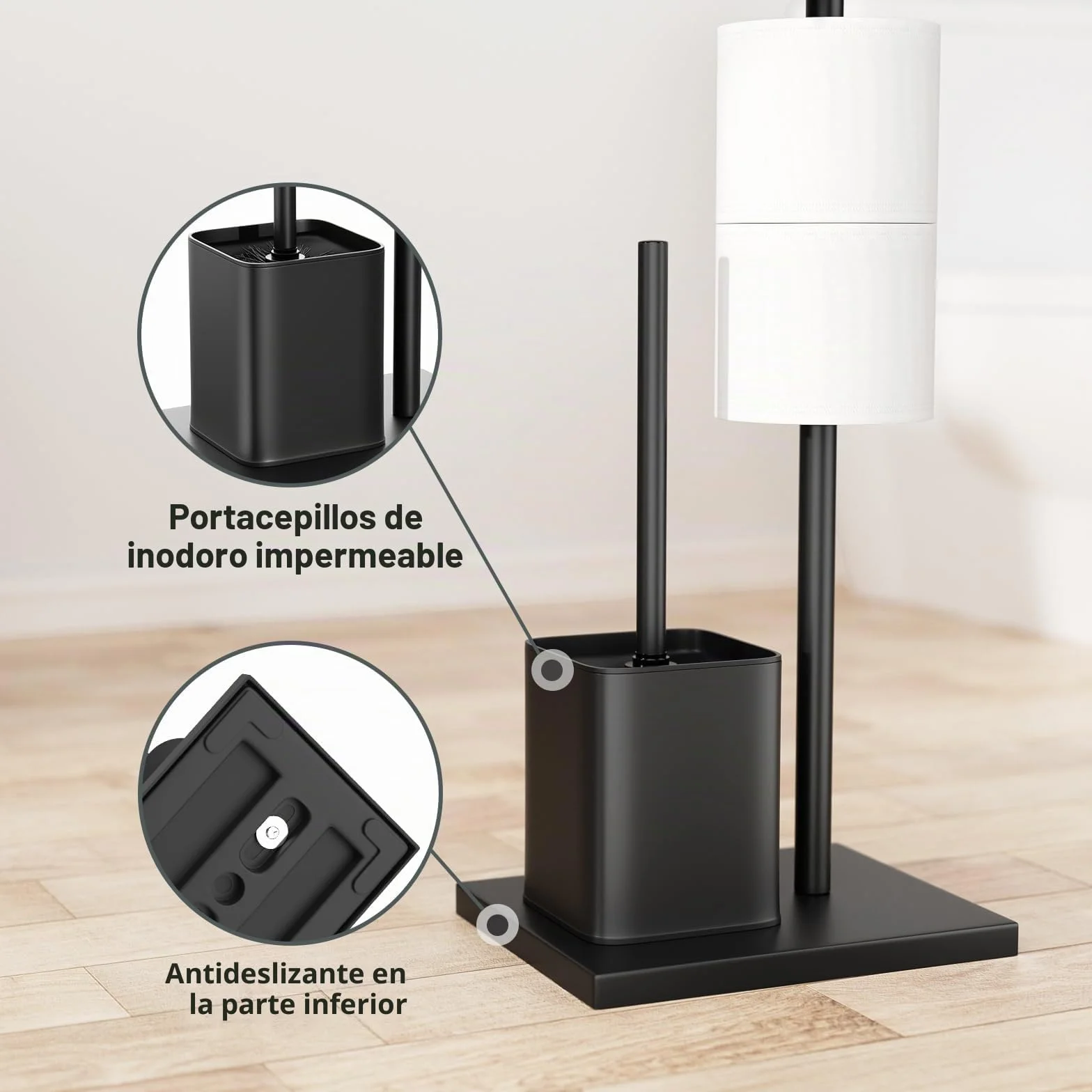 susswiff Portarrollos de Papel Higiénico de Pie con Escobillero, Soporte de Acero Inoxidable, sin Necesidad de Taladrar (Negro Mate)