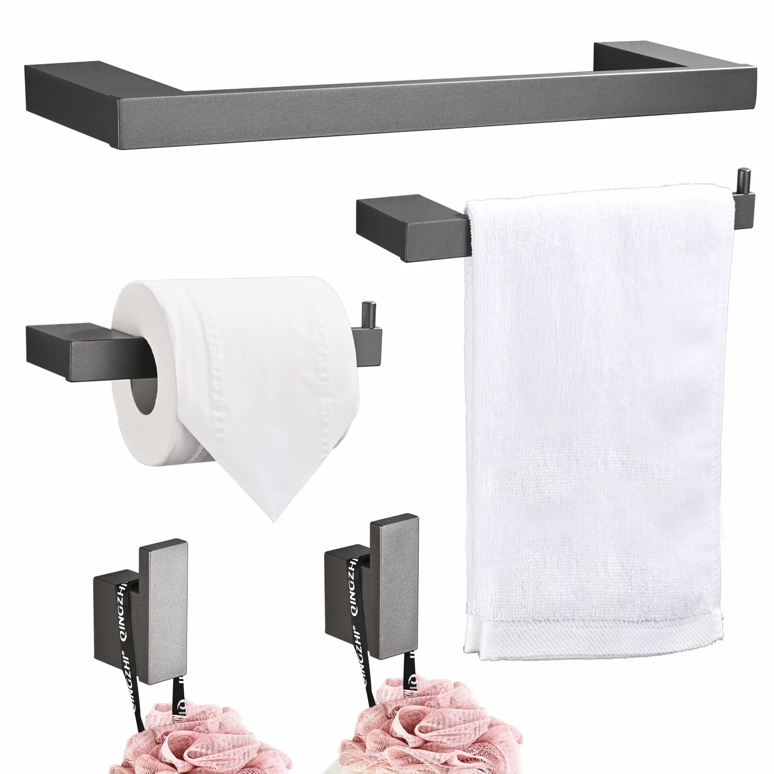 Toalleros de Baño 5 Piezas con Ganchos, Papel Higiénico Instalación de Superficie, Acabado Cepillado Plata