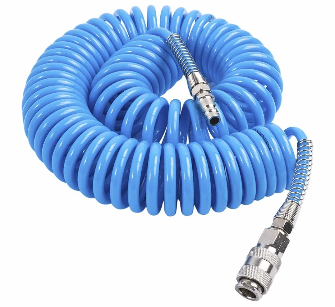 Manguera de Aire Espiral 10m 8x5mm con Enchufes Rápidos – Tubo Compresor Poliuretano Flexible Antinudos – Manguera Aire Comprimido Taller Mecánica Automoción Garaje Profesional