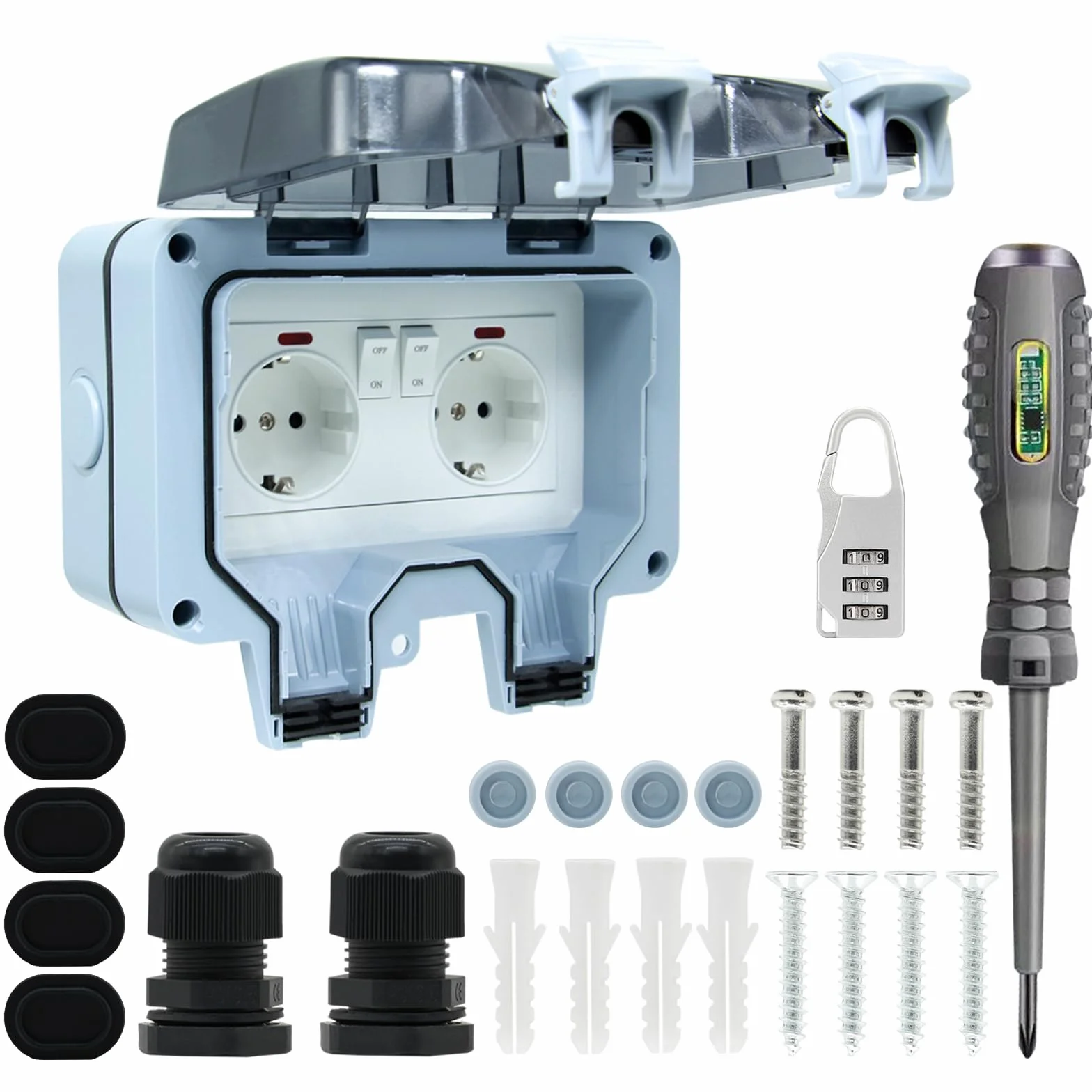 Enchufe de Exterior Impermeable Toma de Corriente IP66 con Interruptor doble conexión,Conector de Cable y Tapa Abatible,para Cocina Baño Garaje Piscina y Jardín (MPG2-GSN, 1 Piezas)