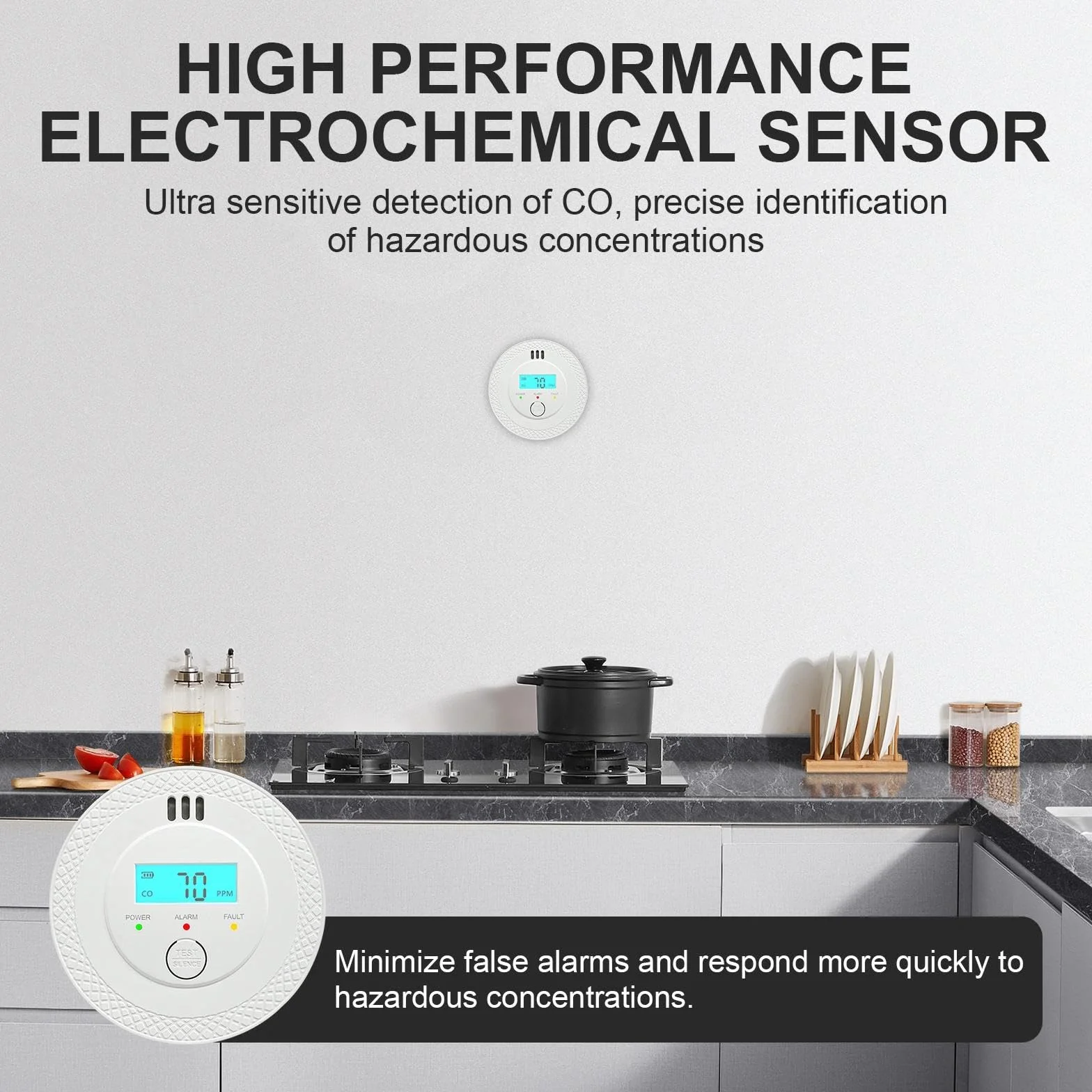 Detector de Monóxido de Carbono, Alarma 85dB, Detector CO con Pantalla LCD, Sensor Electroquímico, Batería, Cumple UL2034, para Hogar/Cocina/Viajes