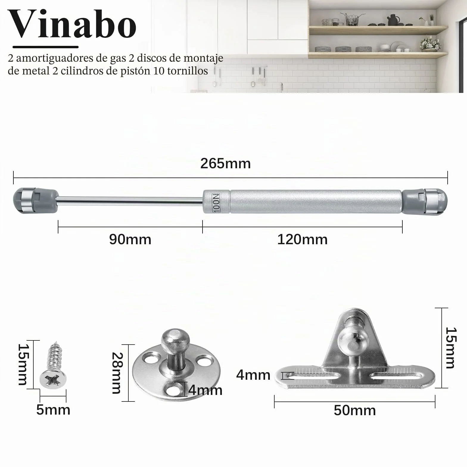 Vinabo Amortiguadores de Gas 100N para Puertas Armario, Resorte de Compresión con Tornillos, Pistones a Gas Muebles Cocina